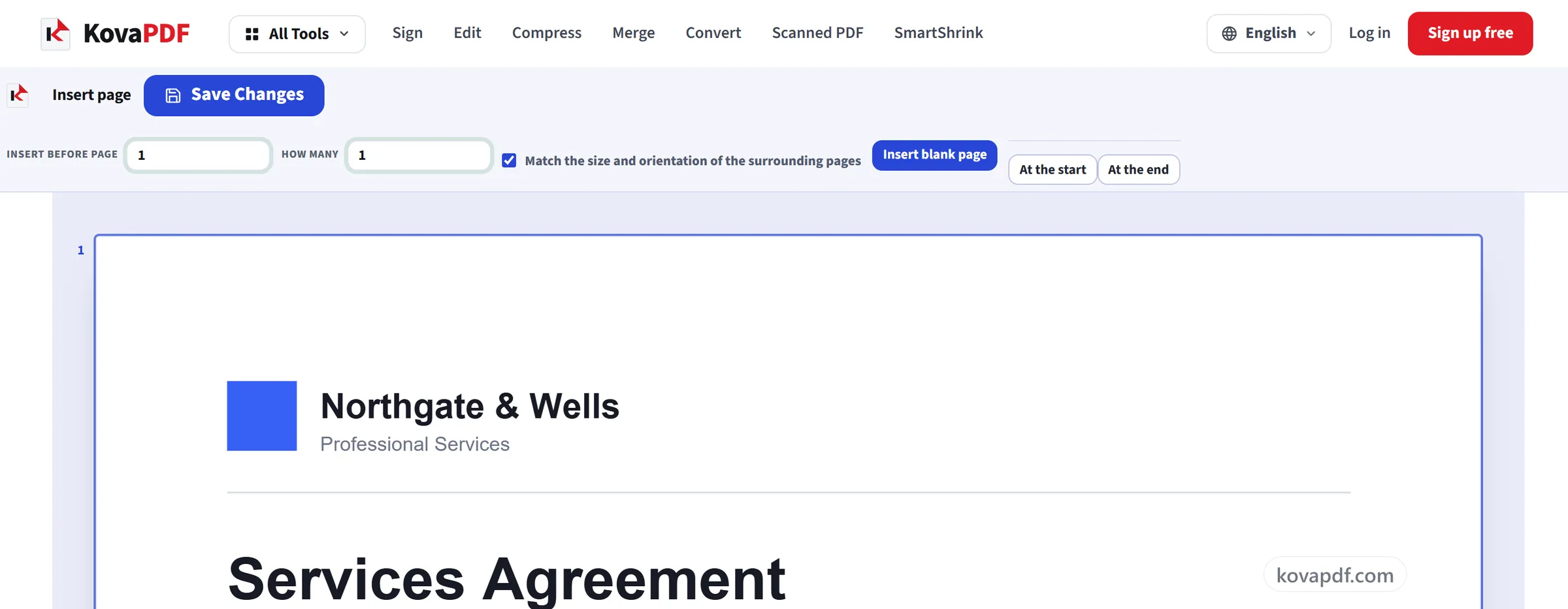 The Add Blank Page editor with the Save Changes button above the open document