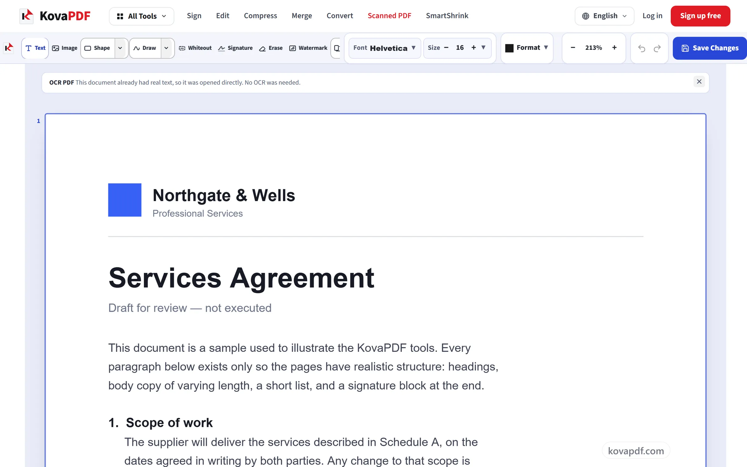 The OCR PDF tool with a document open and recognised text lines ready to edit