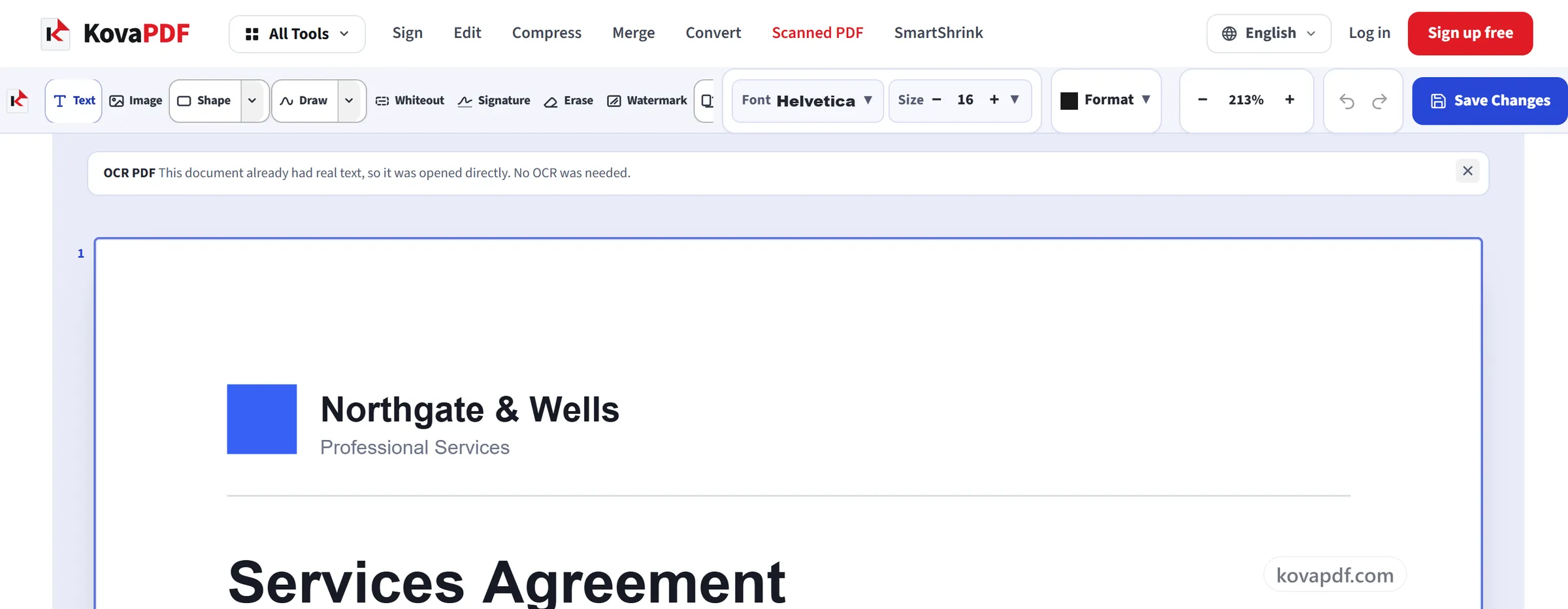 The OCR PDF editor with the Save Changes button above the recognised page