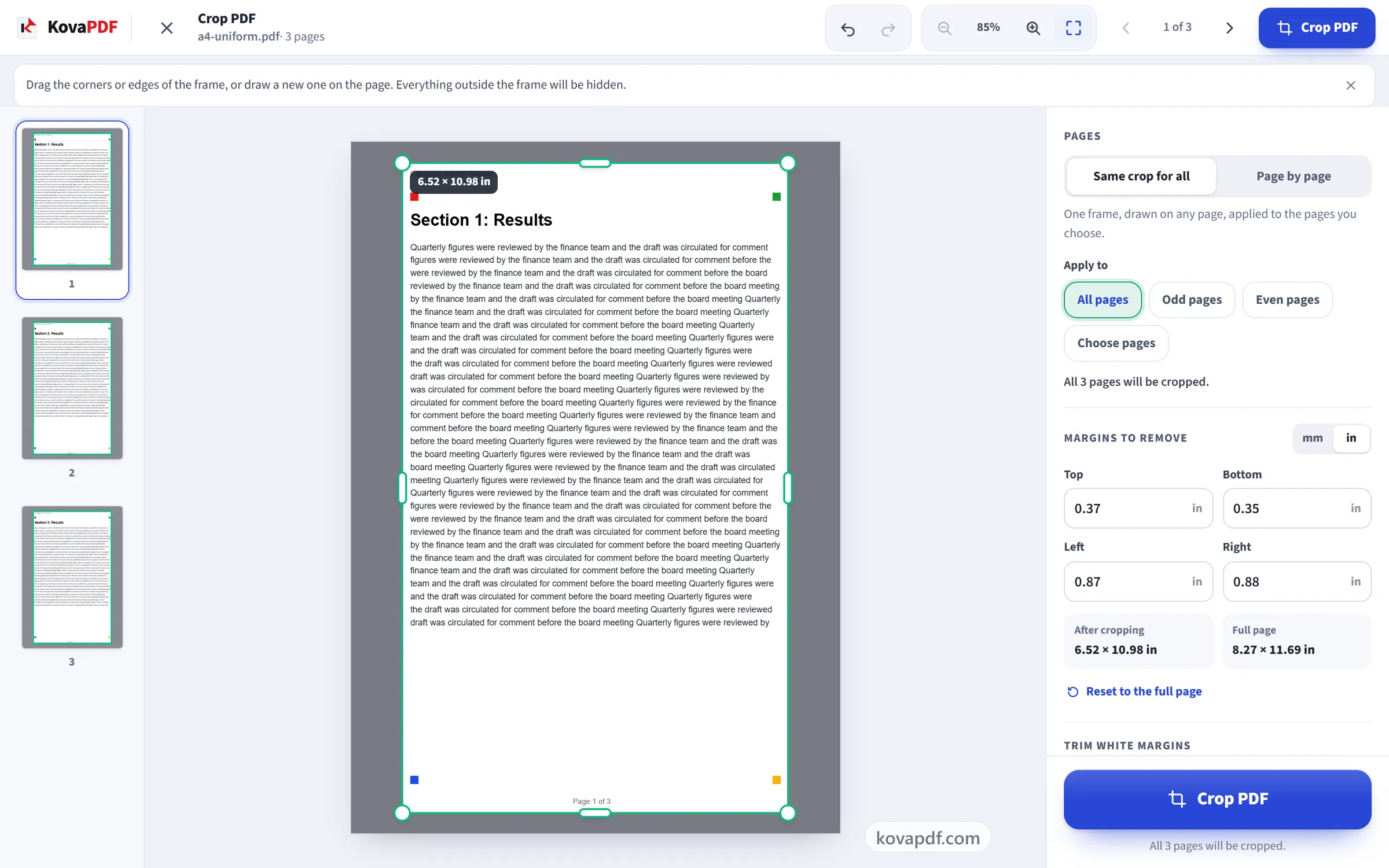 The Crop PDF workspace with the crop frame on the page and the settings beside it