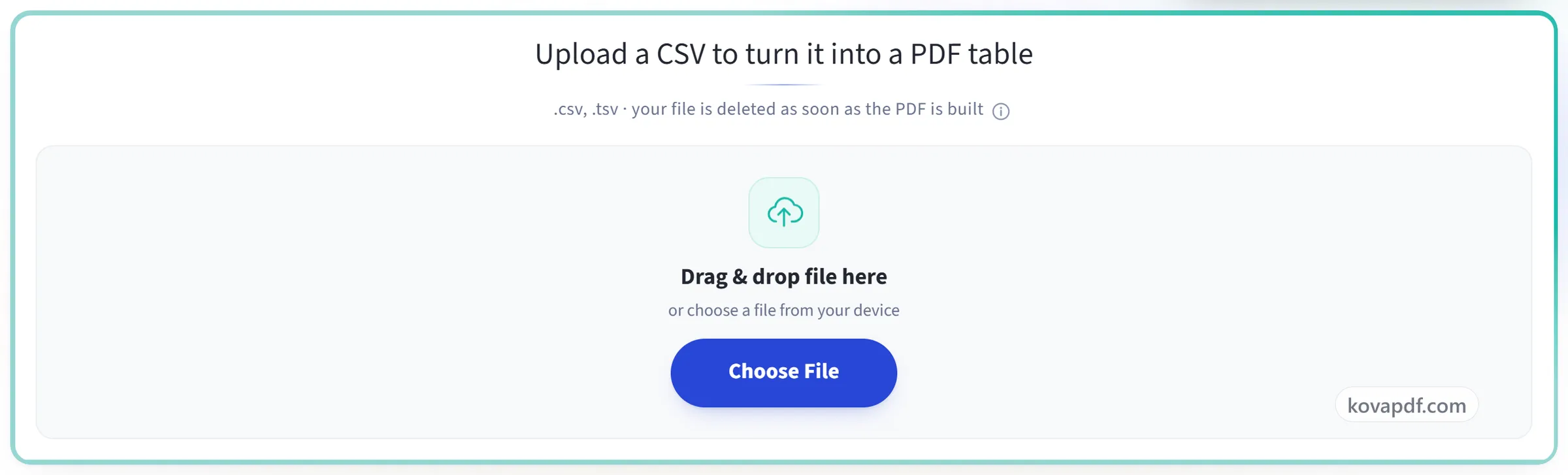 The CSV to PDF upload panel