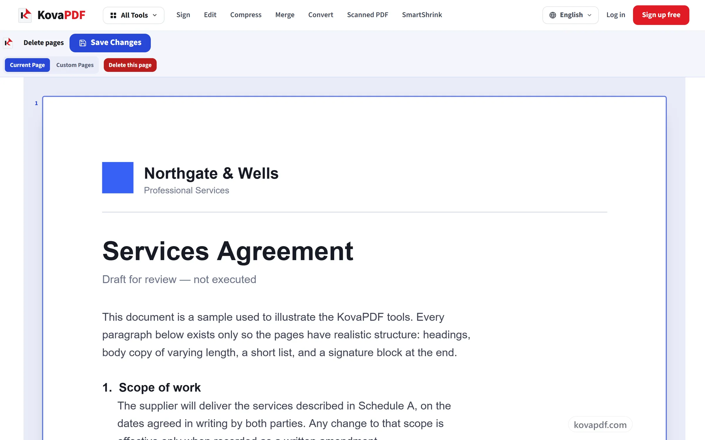 The Delete Pages panel with Current Page, Custom Pages and a page-range field