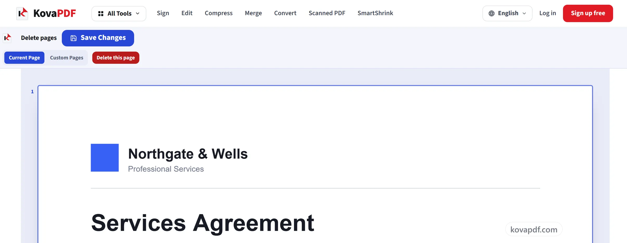 The Delete Pages editor with the Save Changes button above the open document