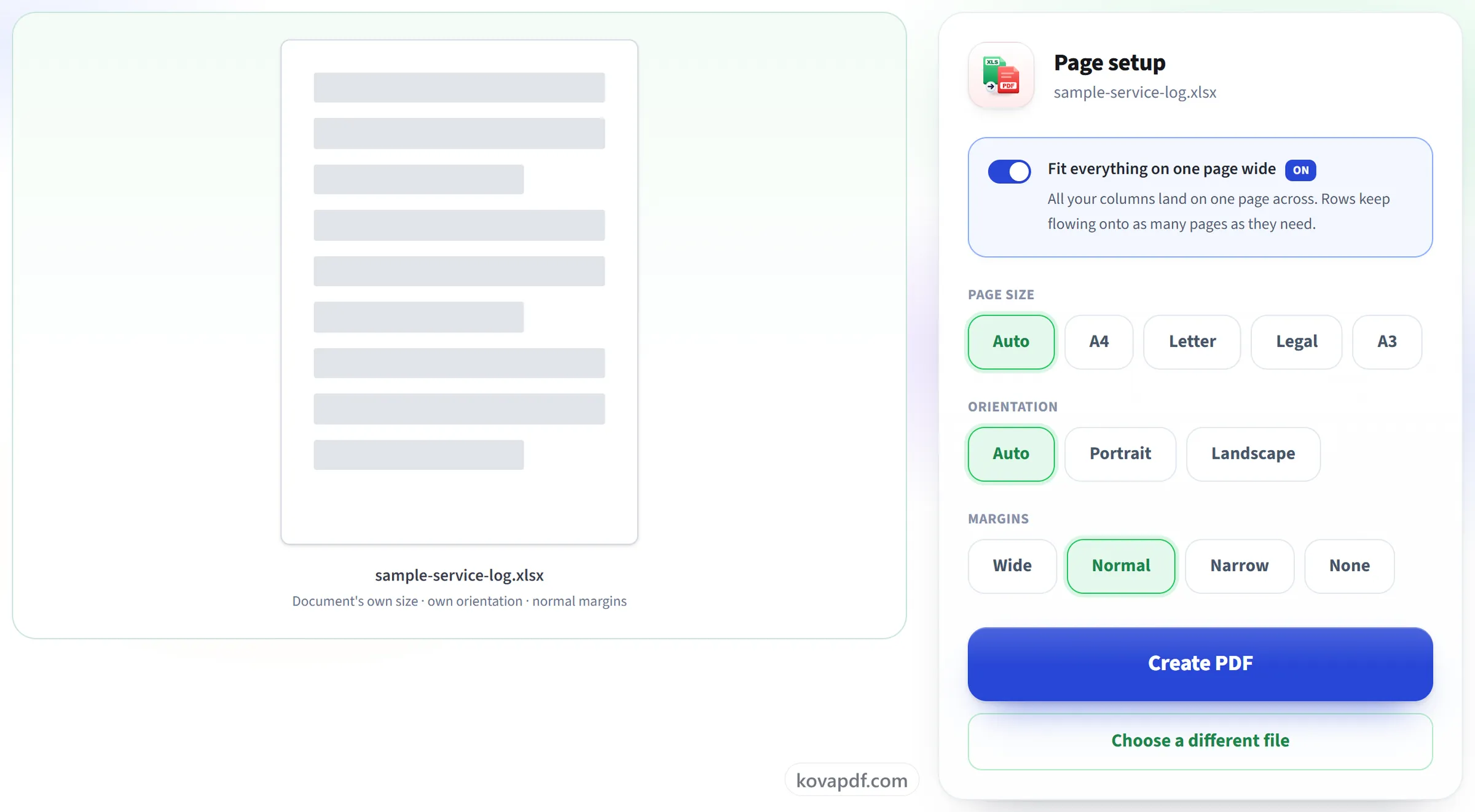 The Excel to PDF page setup screen with fit-to-one-page-wide turned on