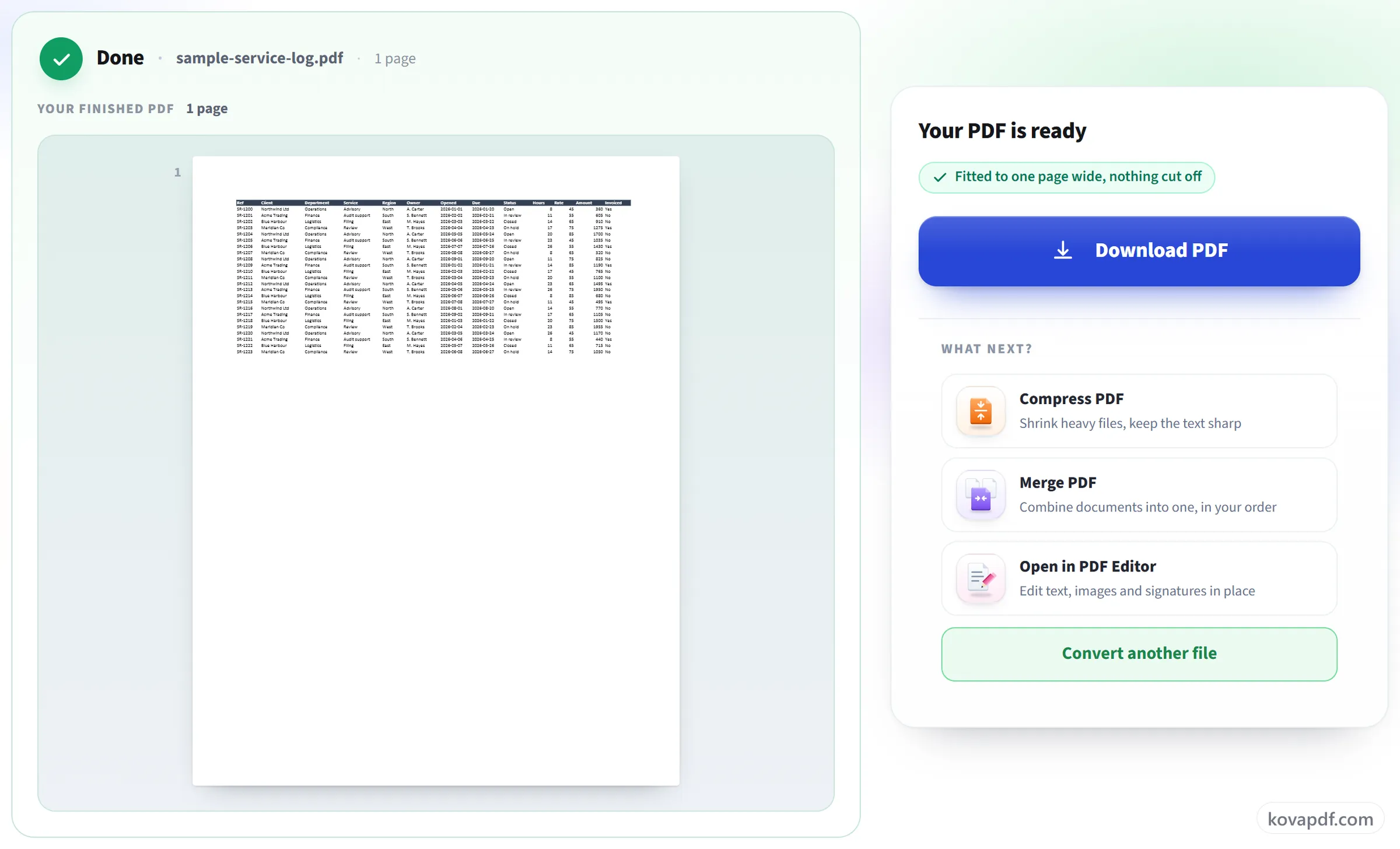 The Excel to PDF result screen with the finished PDF ready to download