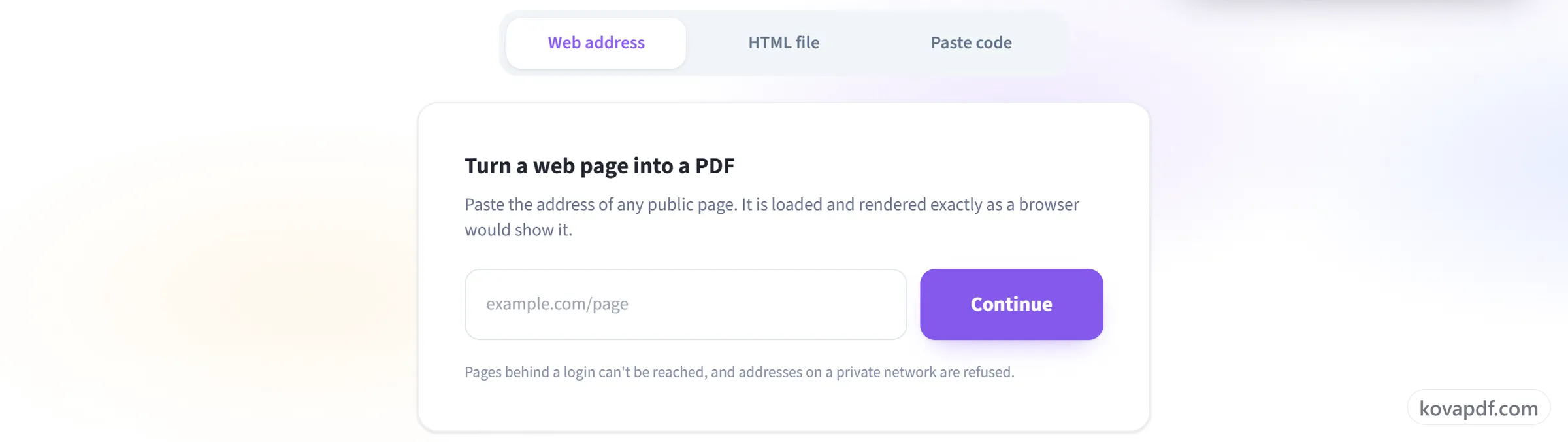 The HTML to PDF upload panel with its web address, file and paste tabs