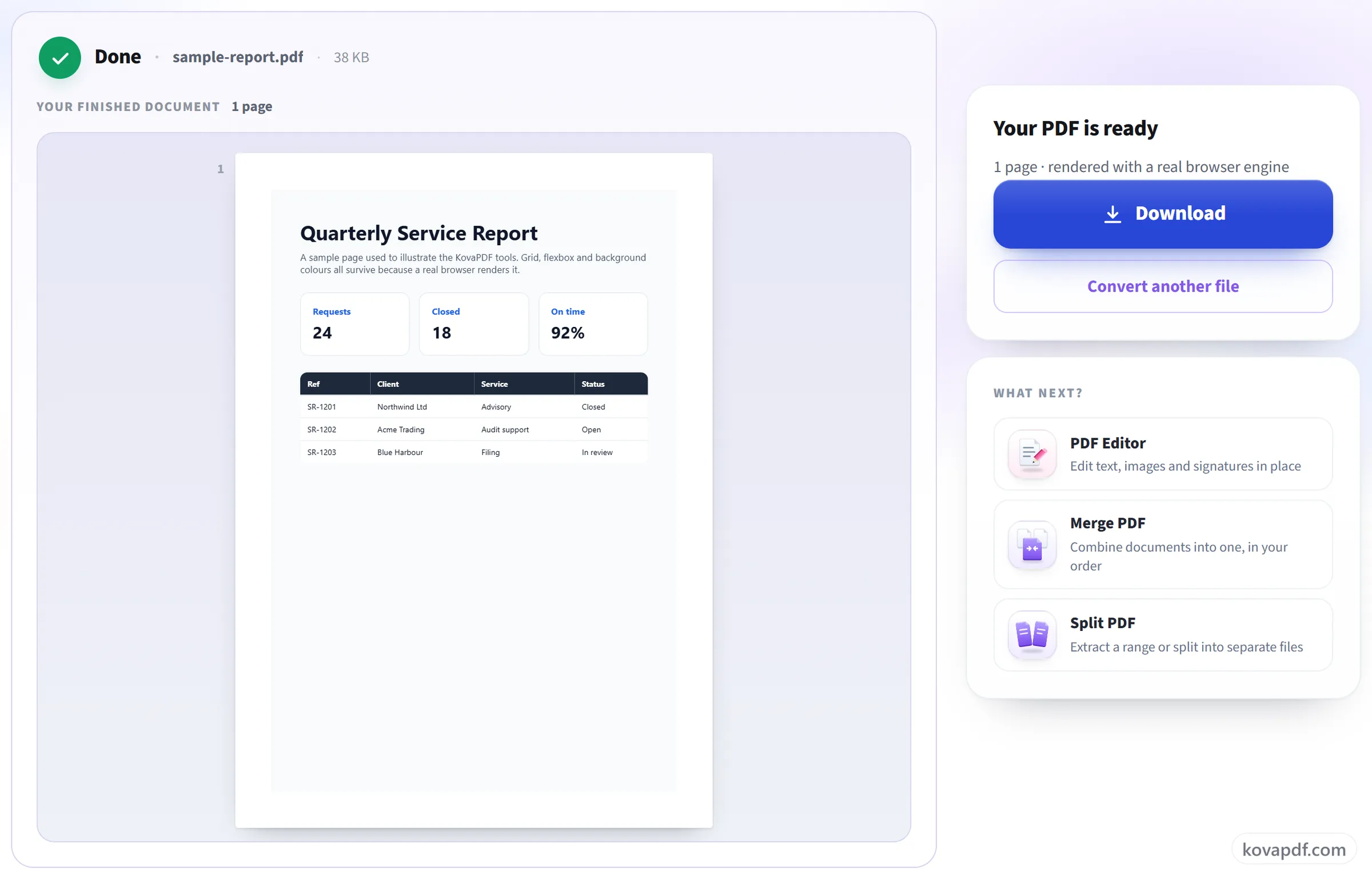 The HTML to PDF result screen with the finished PDF ready to download
