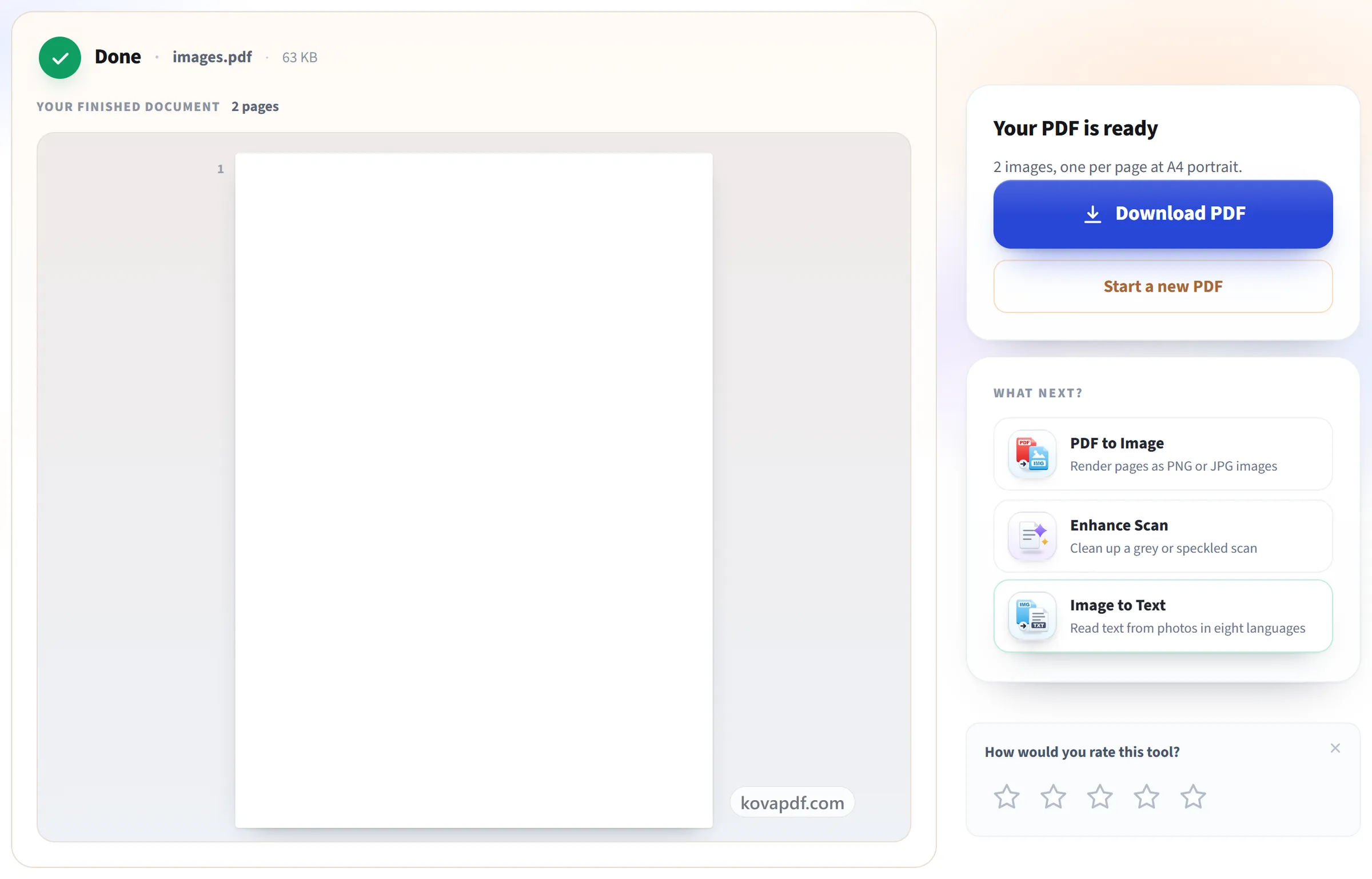 The Image to PDF screen with the finished PDF ready to download