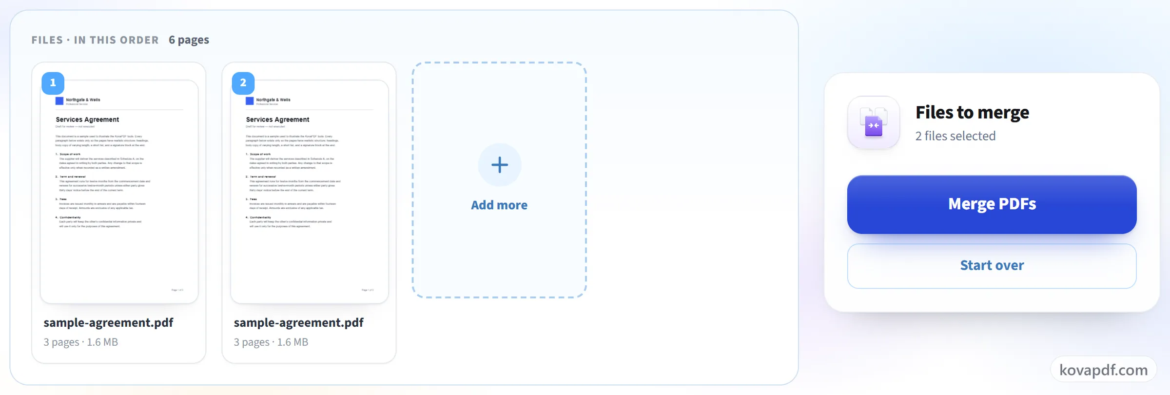The Merge PDF screen with several files listed and ready to reorder