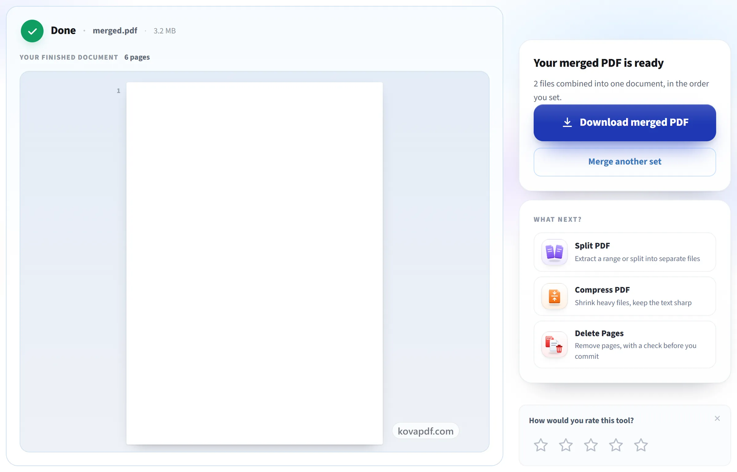 The Merge PDF screen after merging, with the finished document ready to download