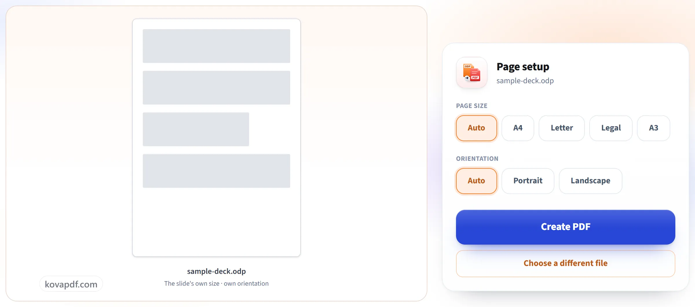 The ODP to PDF page setup screen