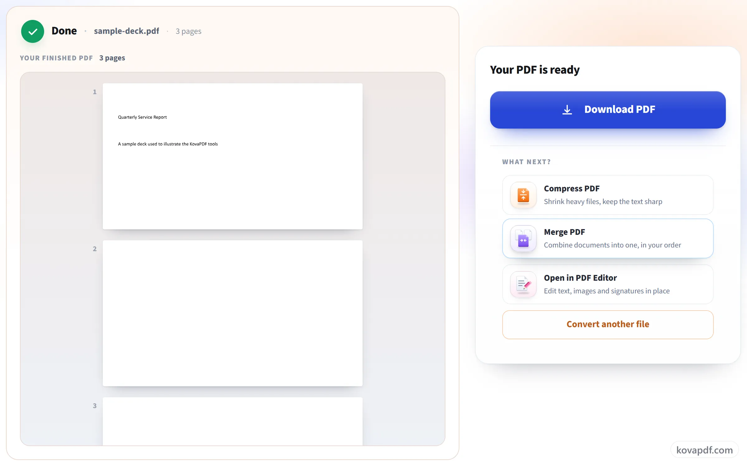 The ODP to PDF result screen with the finished PDF ready to download