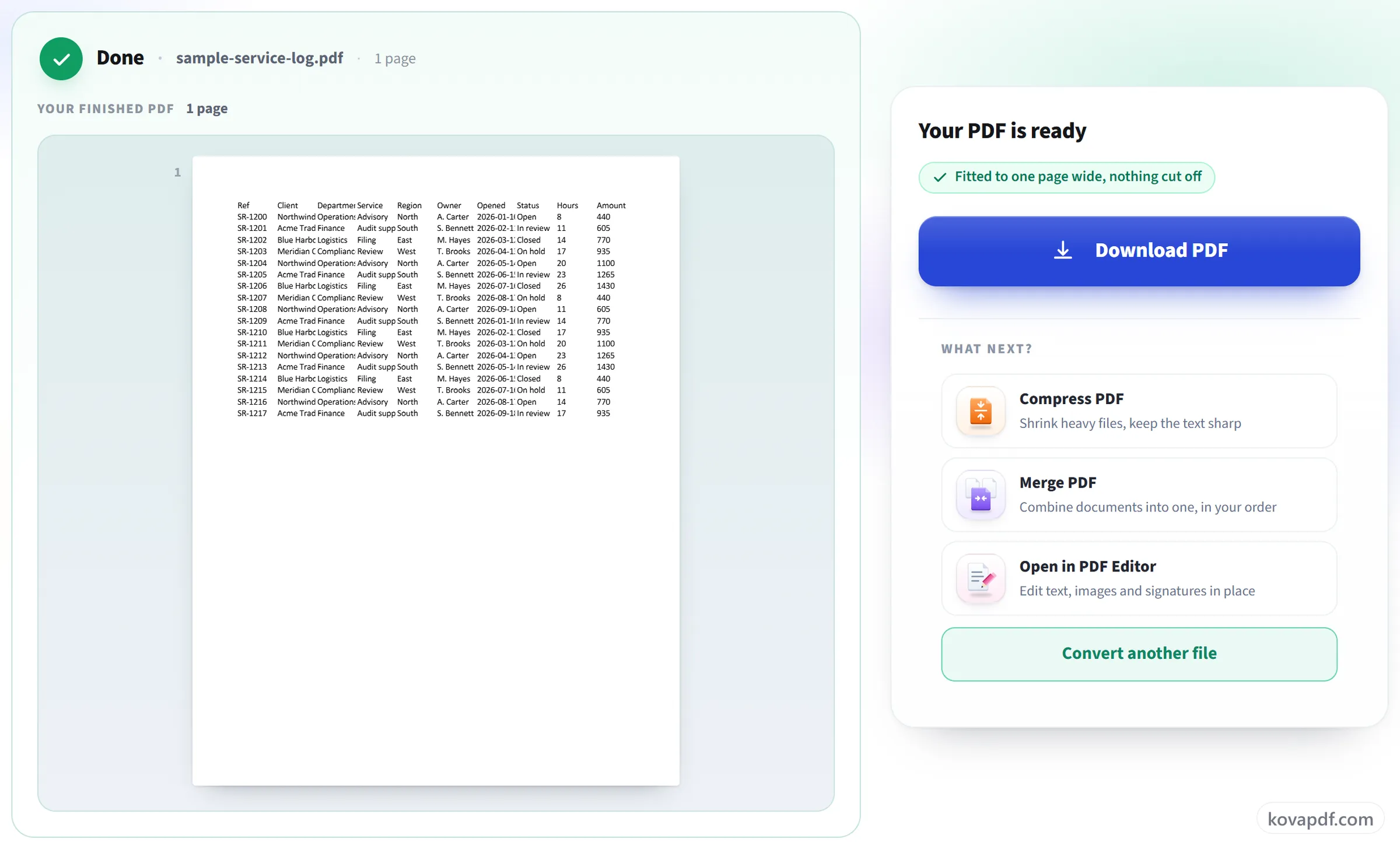 The ODS to PDF result screen with the finished PDF ready to download