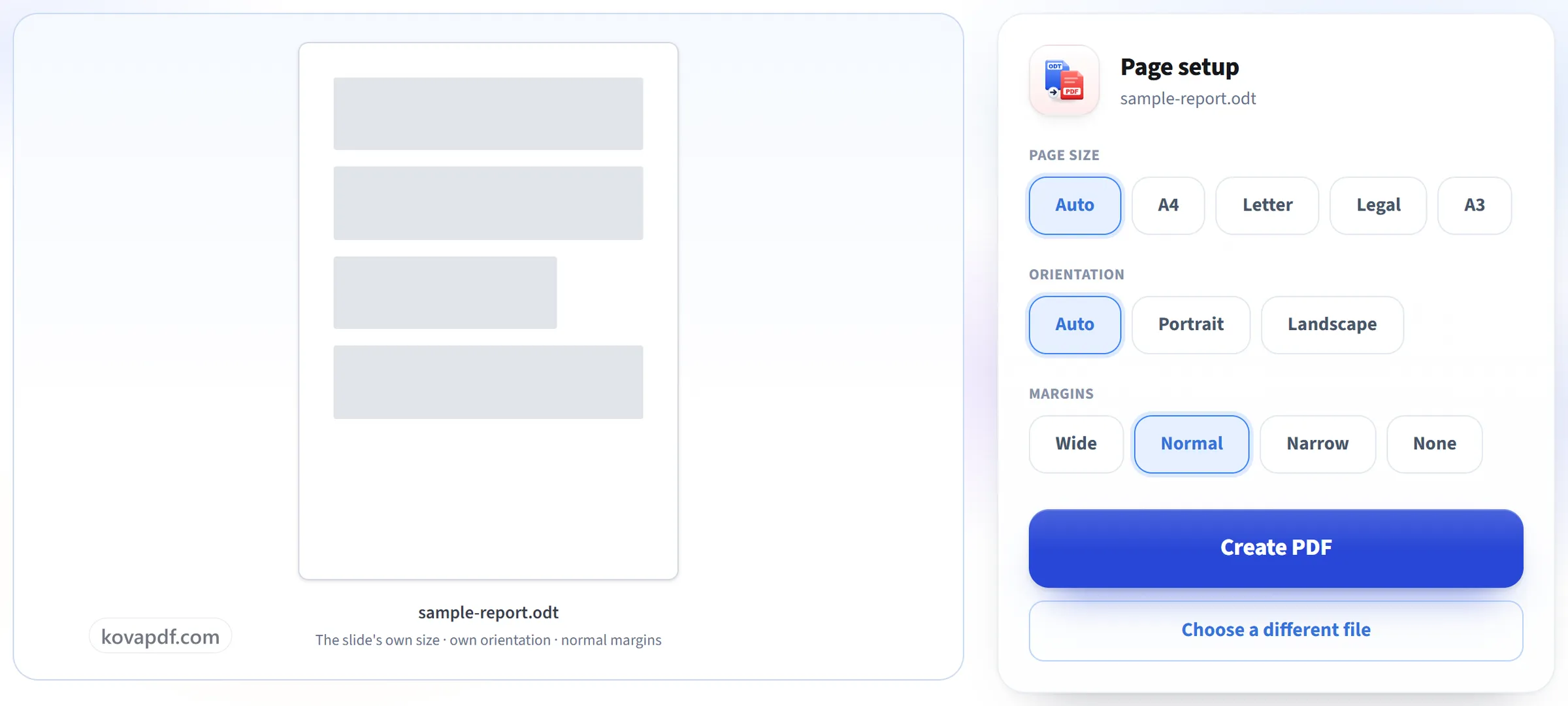 The ODT to PDF page setup screen