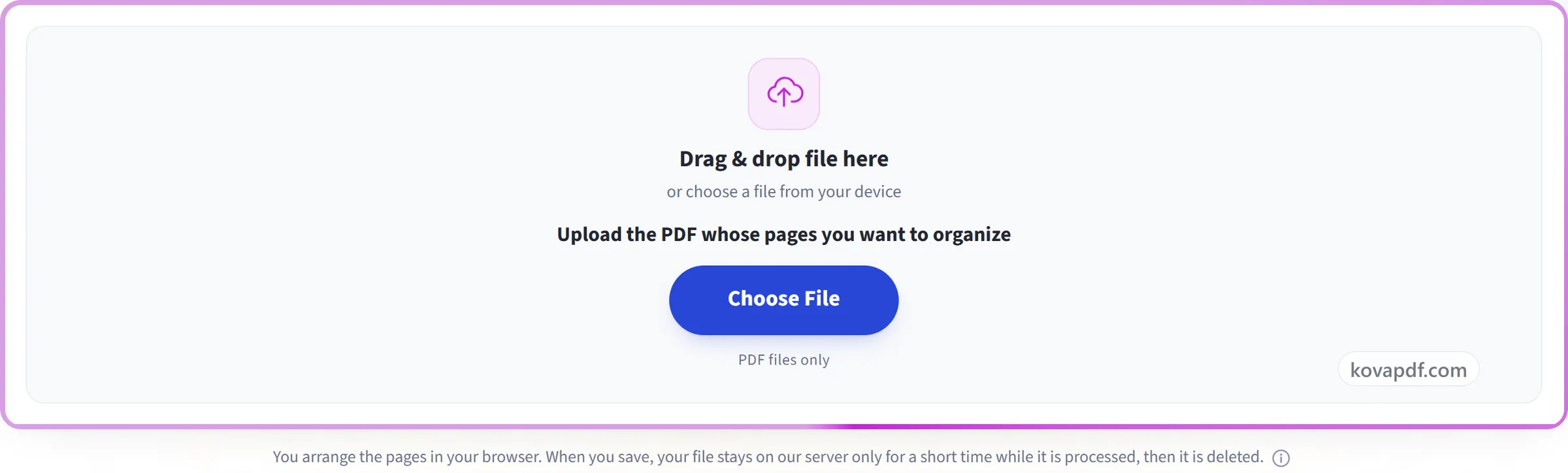 The Organize PDF upload panel
