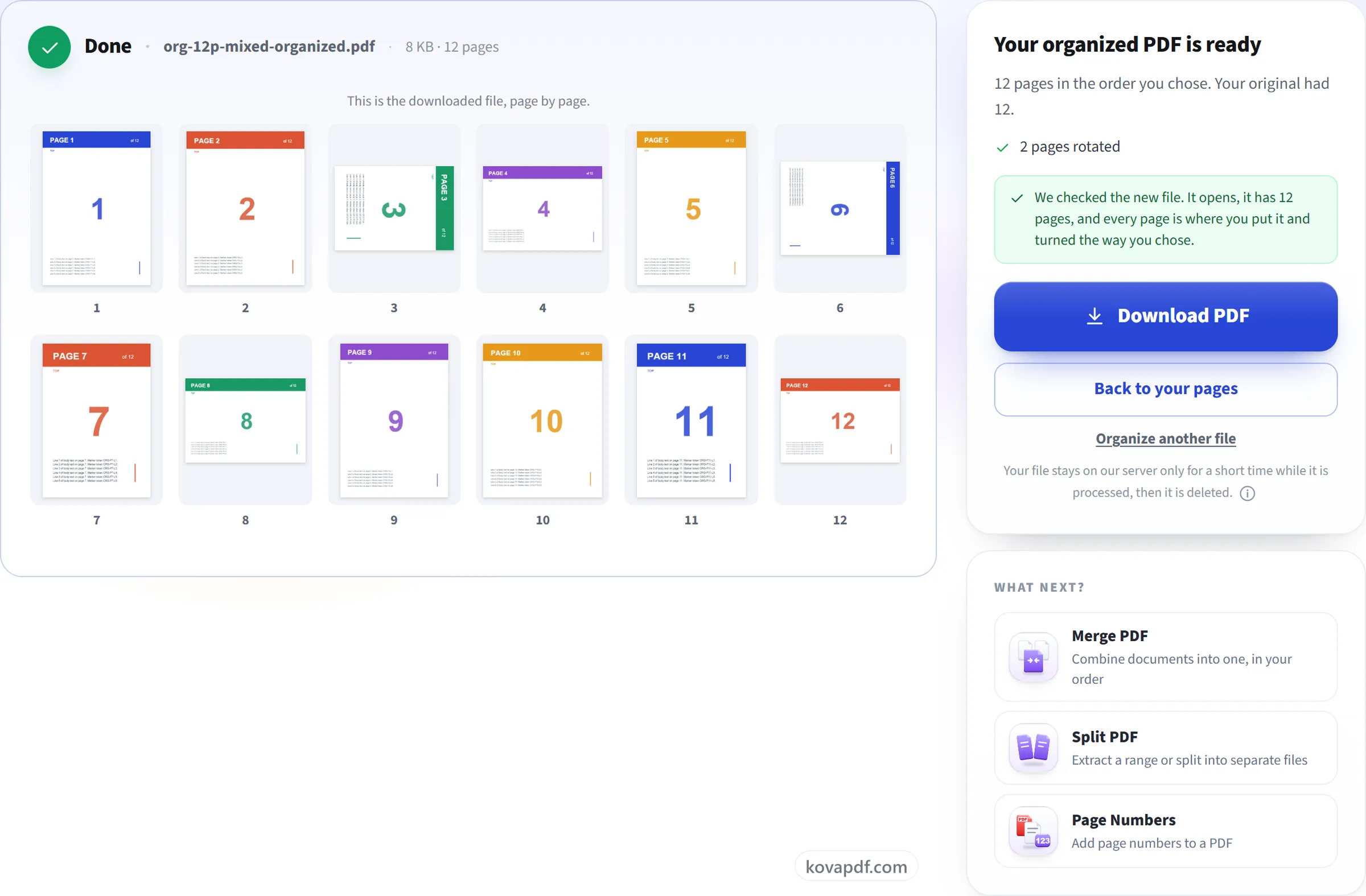 The Organize PDF result screen with the new page order and the Download button