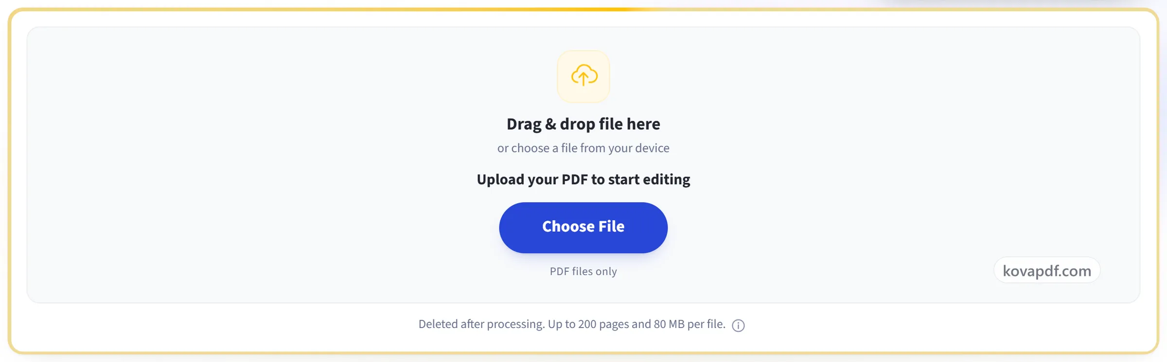 The KovaPDF upload panel for the PDF Editor