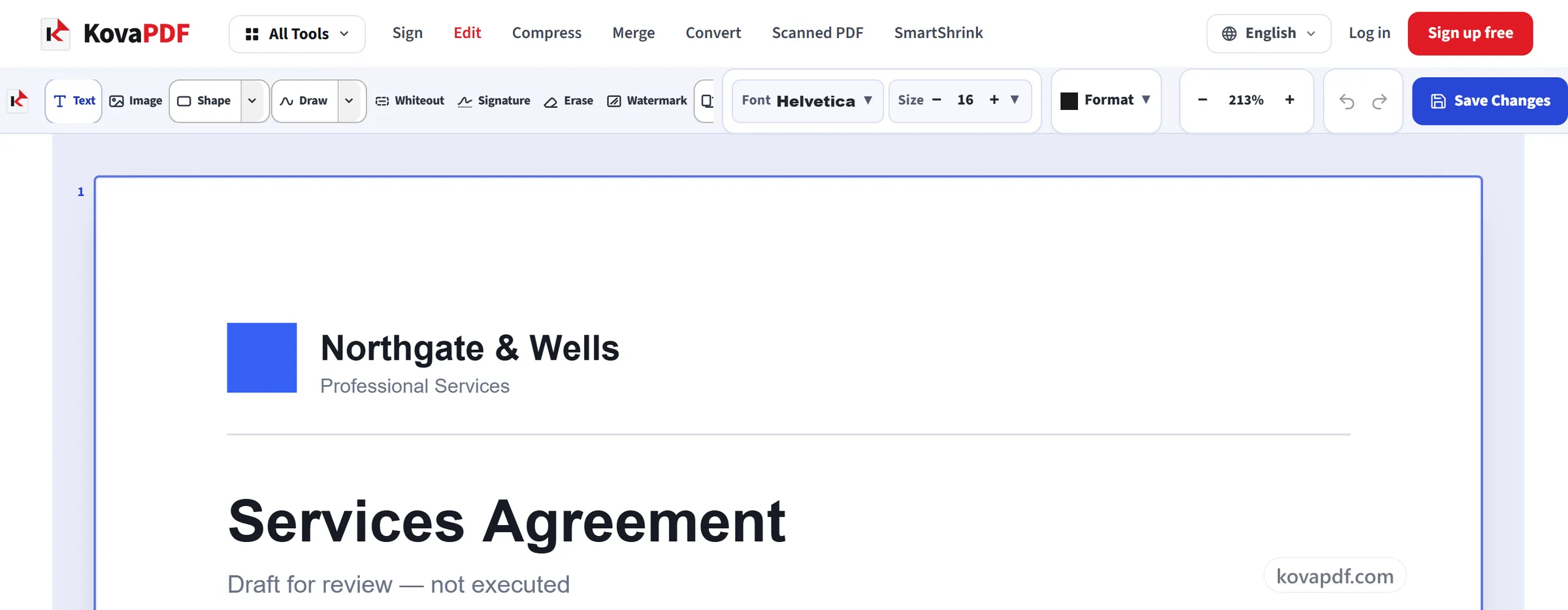 The editor with font controls, zoom, undo and the Save Changes button above the open document