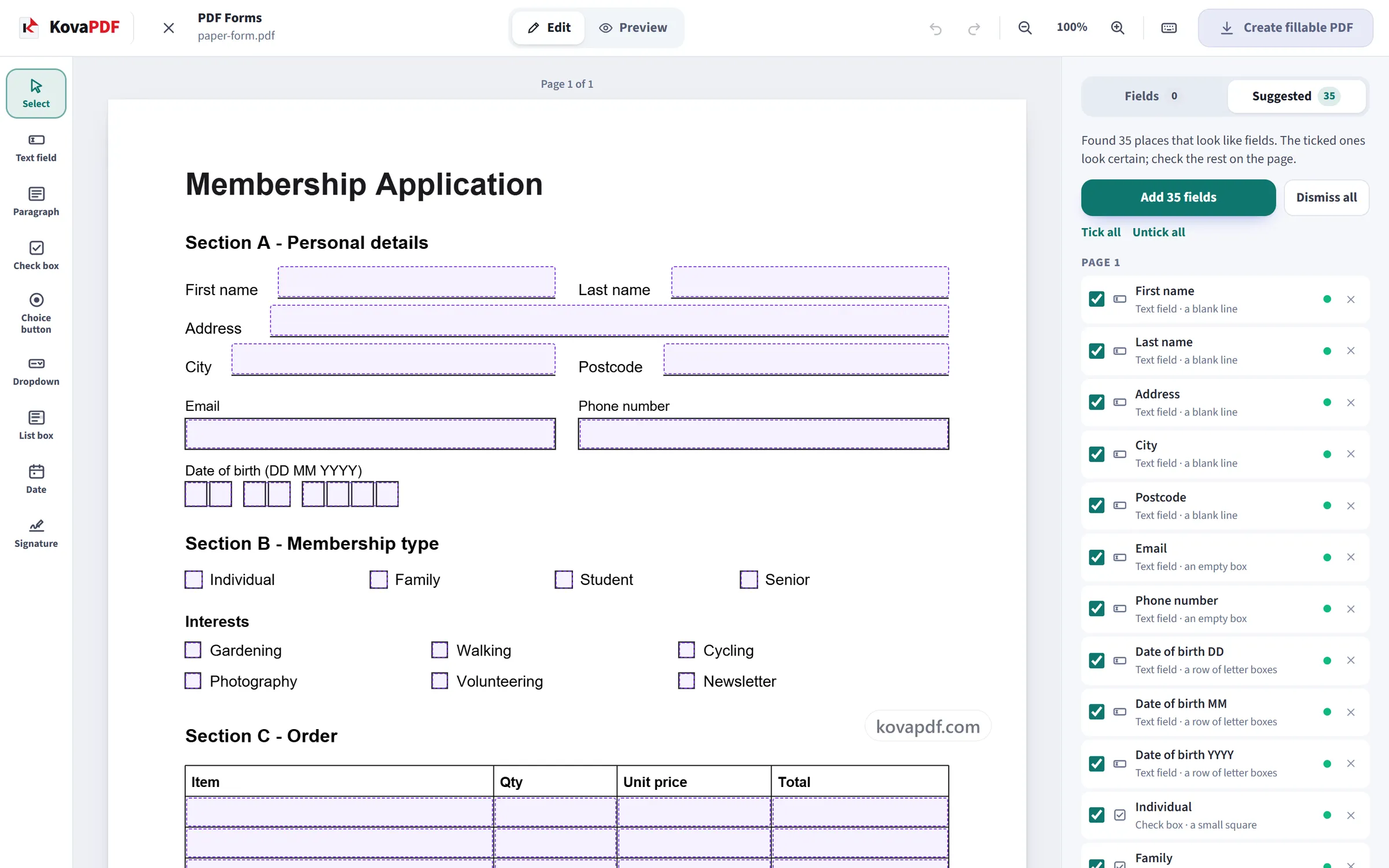 The PDF Forms workspace with suggested fields outlined on the page and the review list in the side panel