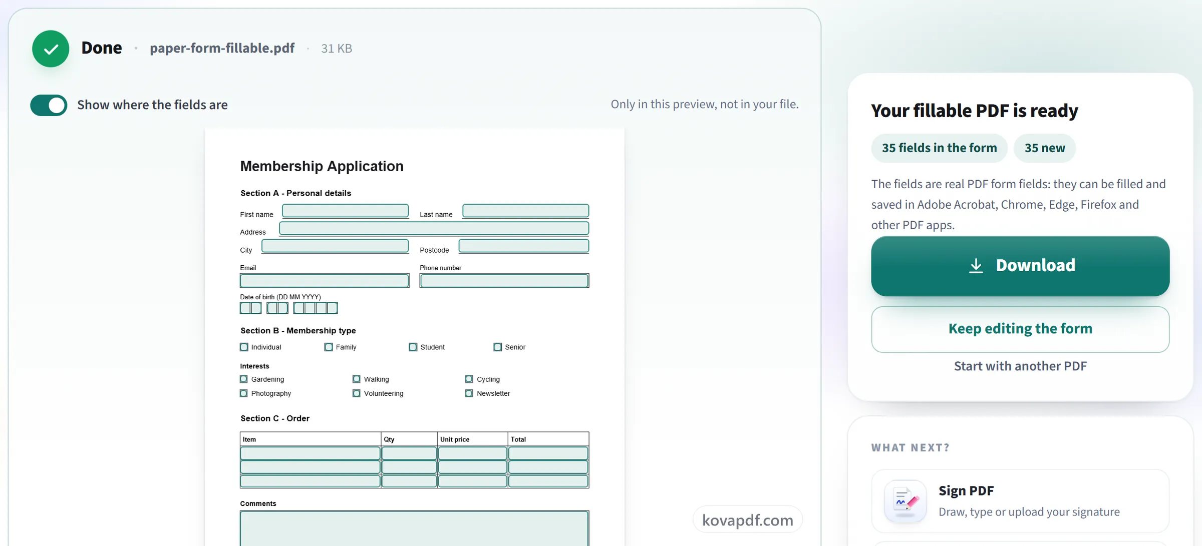 The finished fillable PDF on the result screen with the Download button