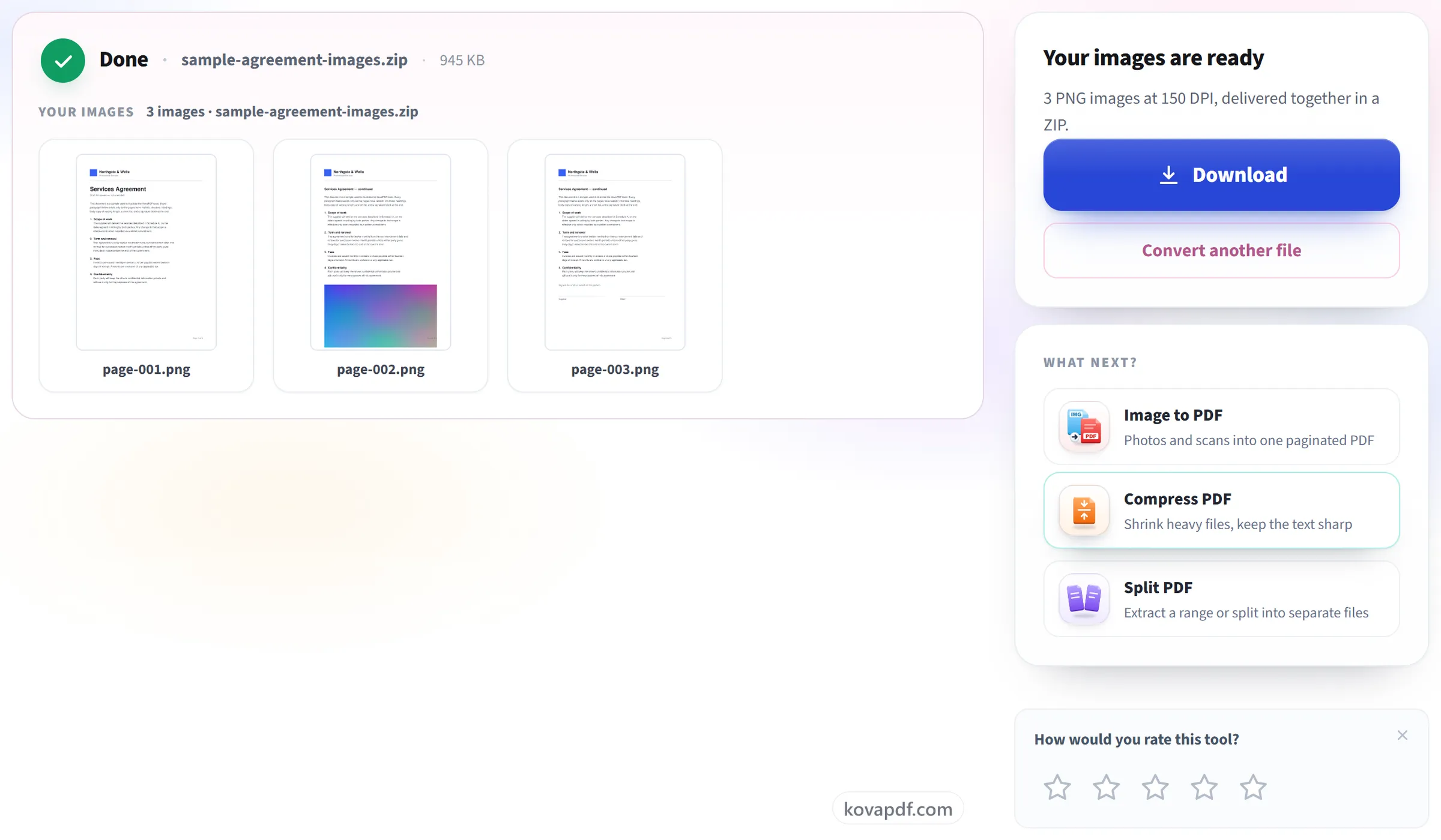 The PDF to Image screen with the converted images ready to download