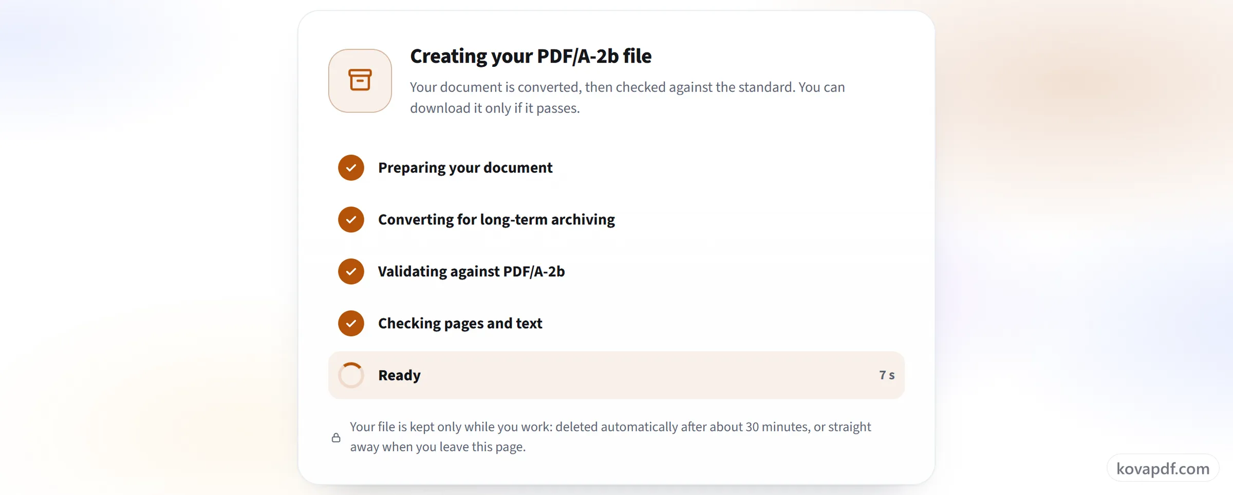 The PDF to PDF/A result screen with the validation badge and the Download button