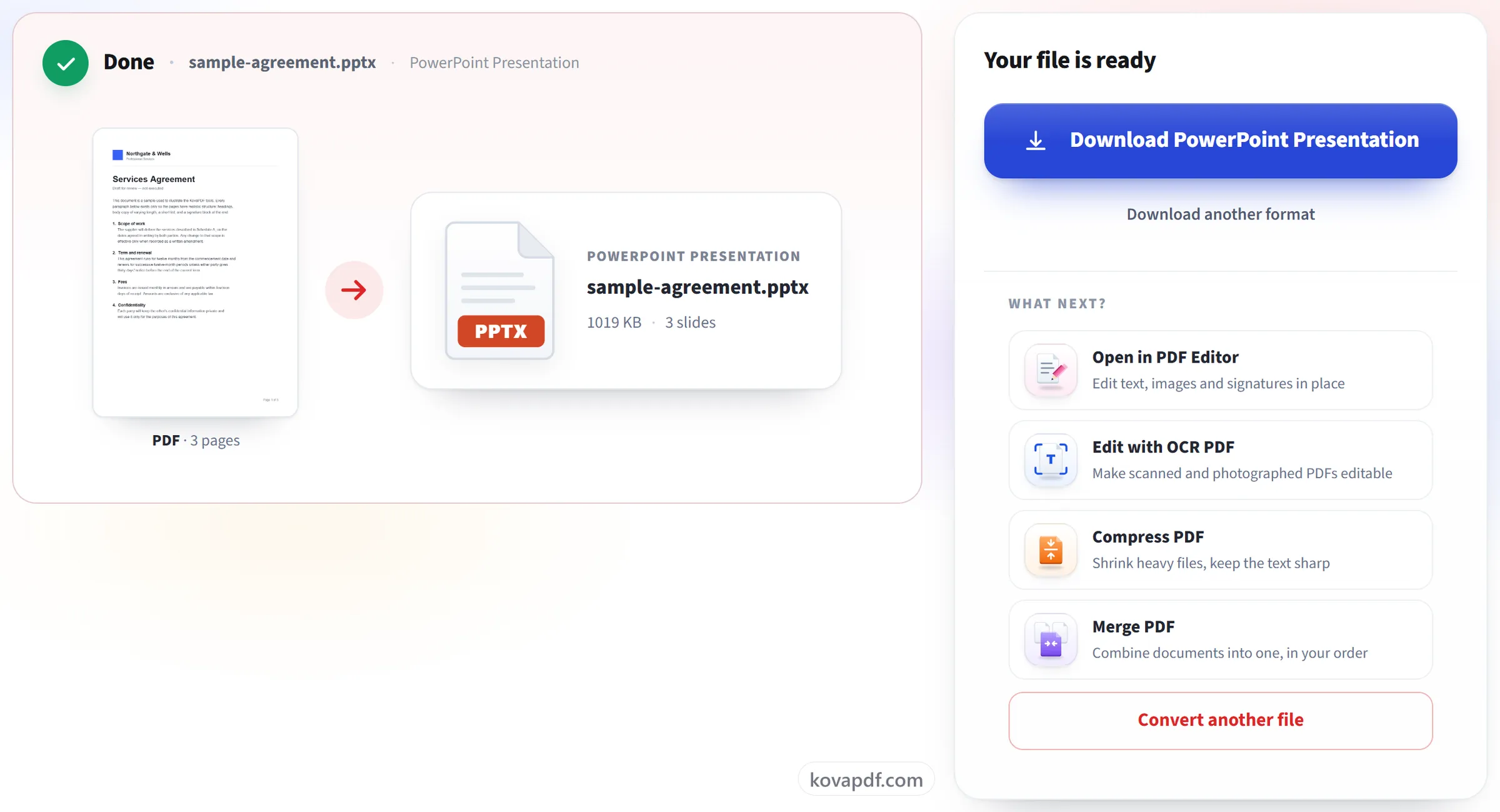 The PDF to PPT screen with the converted deck ready to download