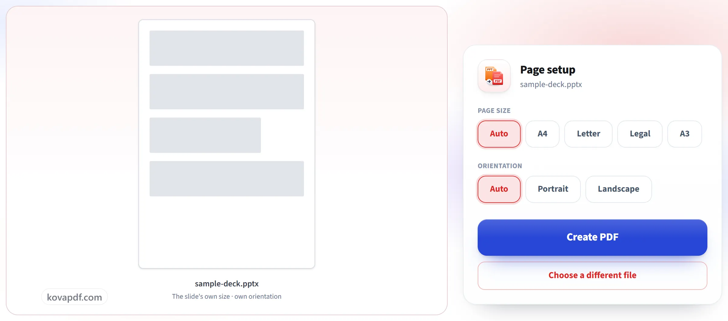 The PowerPoint to PDF page setup screen