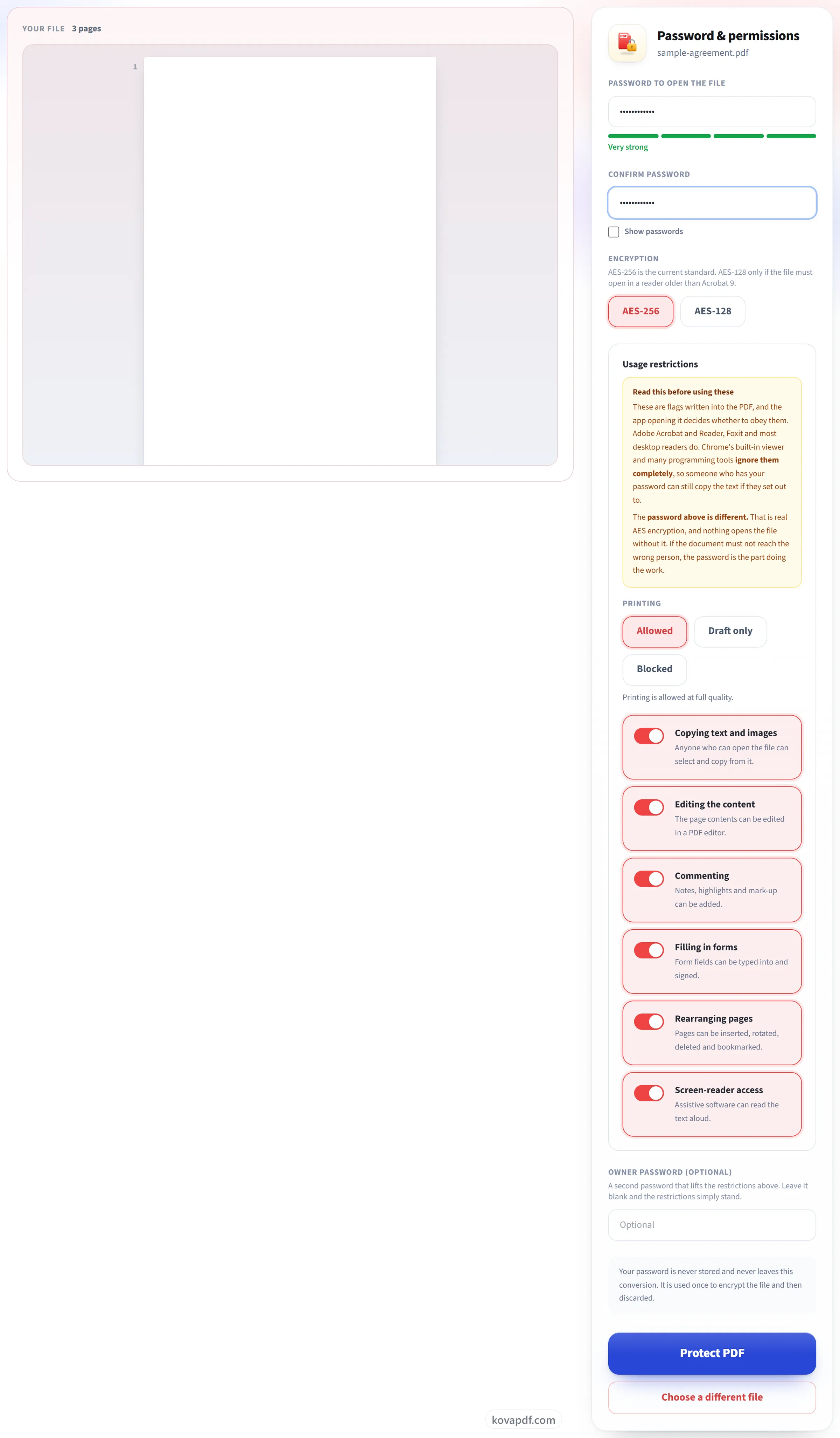 The Protect PDF screen showing the password strength meter and the usage restrictions