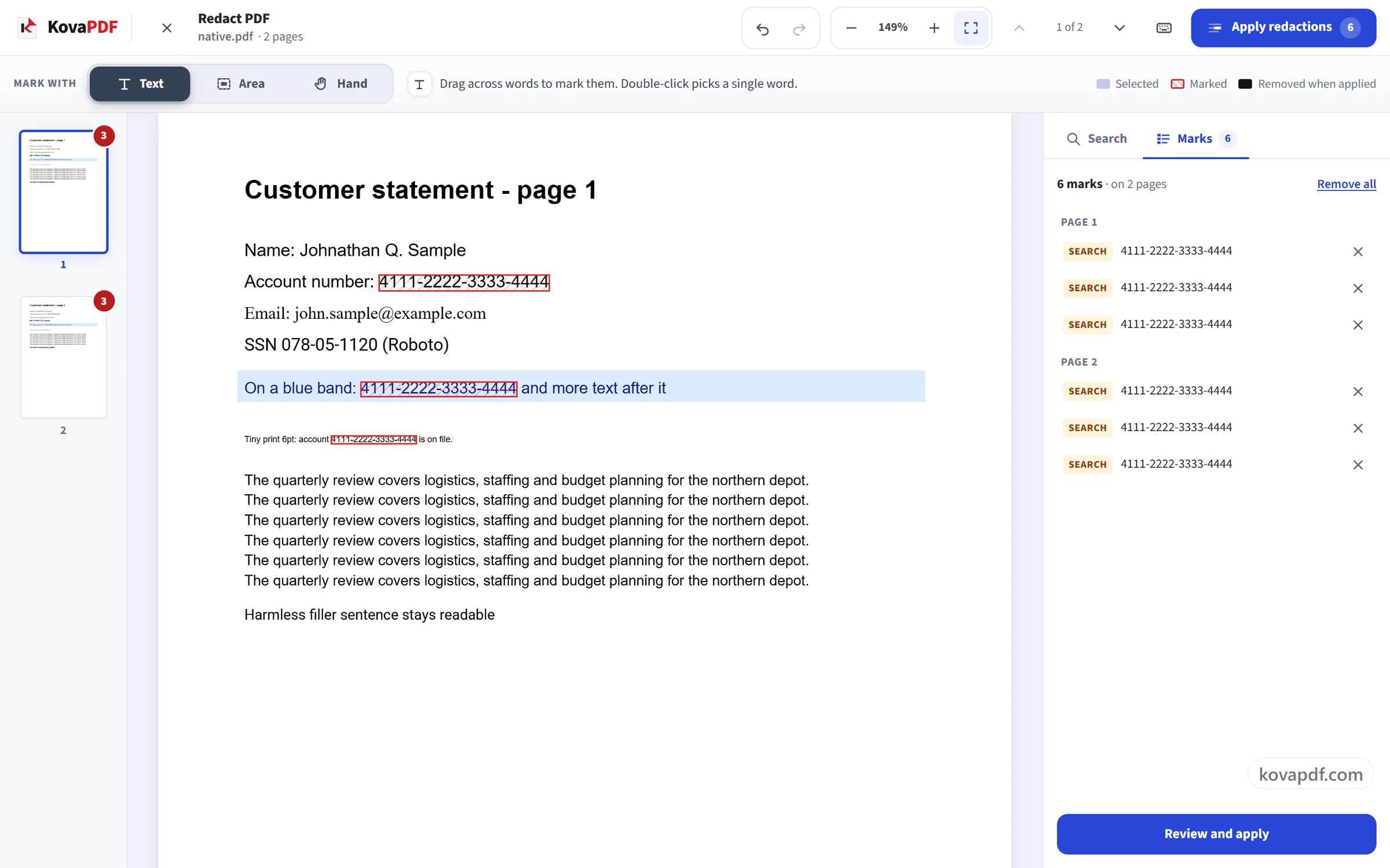 The Redact PDF workspace with marked text on the page and the list of marks in the side panel