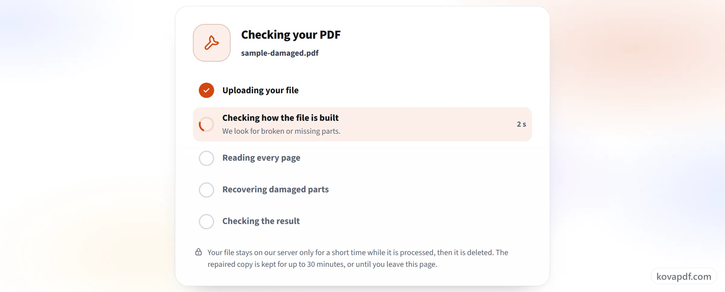 The Repair PDF progress card with the checking and repairing steps