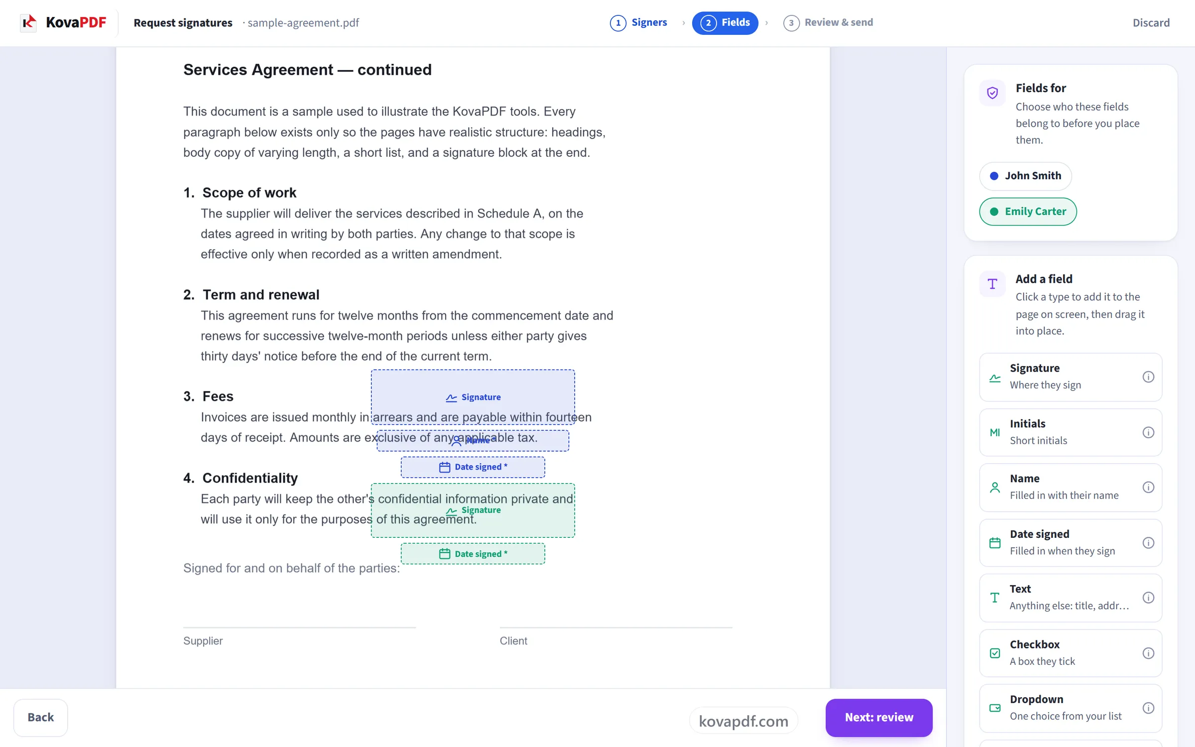 Placing signature, name and date fields on a contract for two named signers