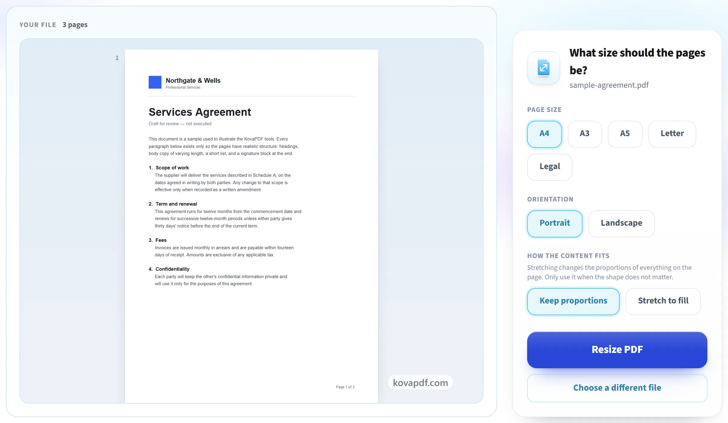 The Resize PDF screen with the page-size options