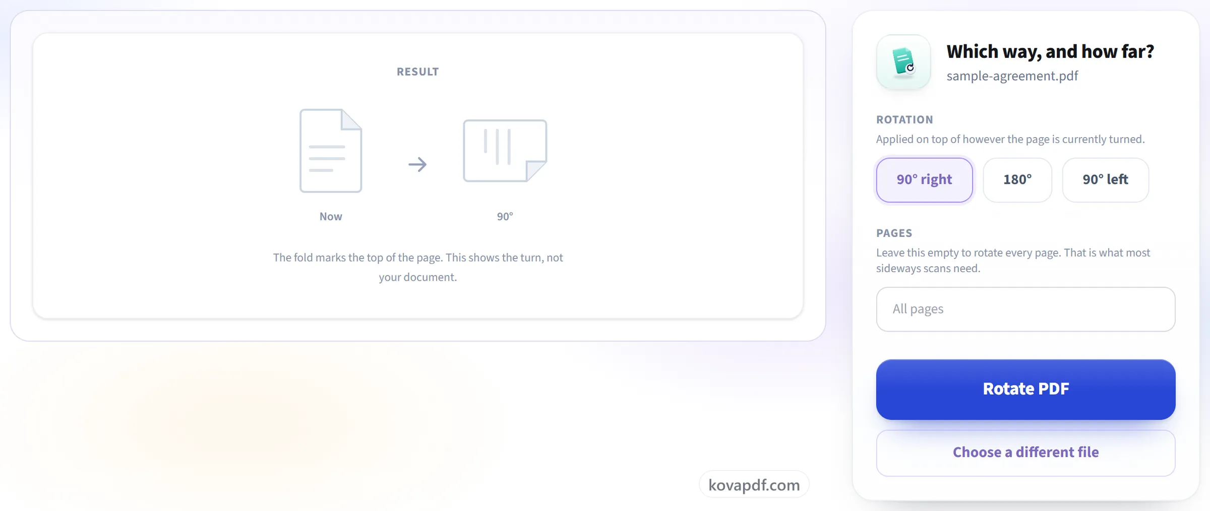 The Rotate PDF screen with rotation angle and page selection controls