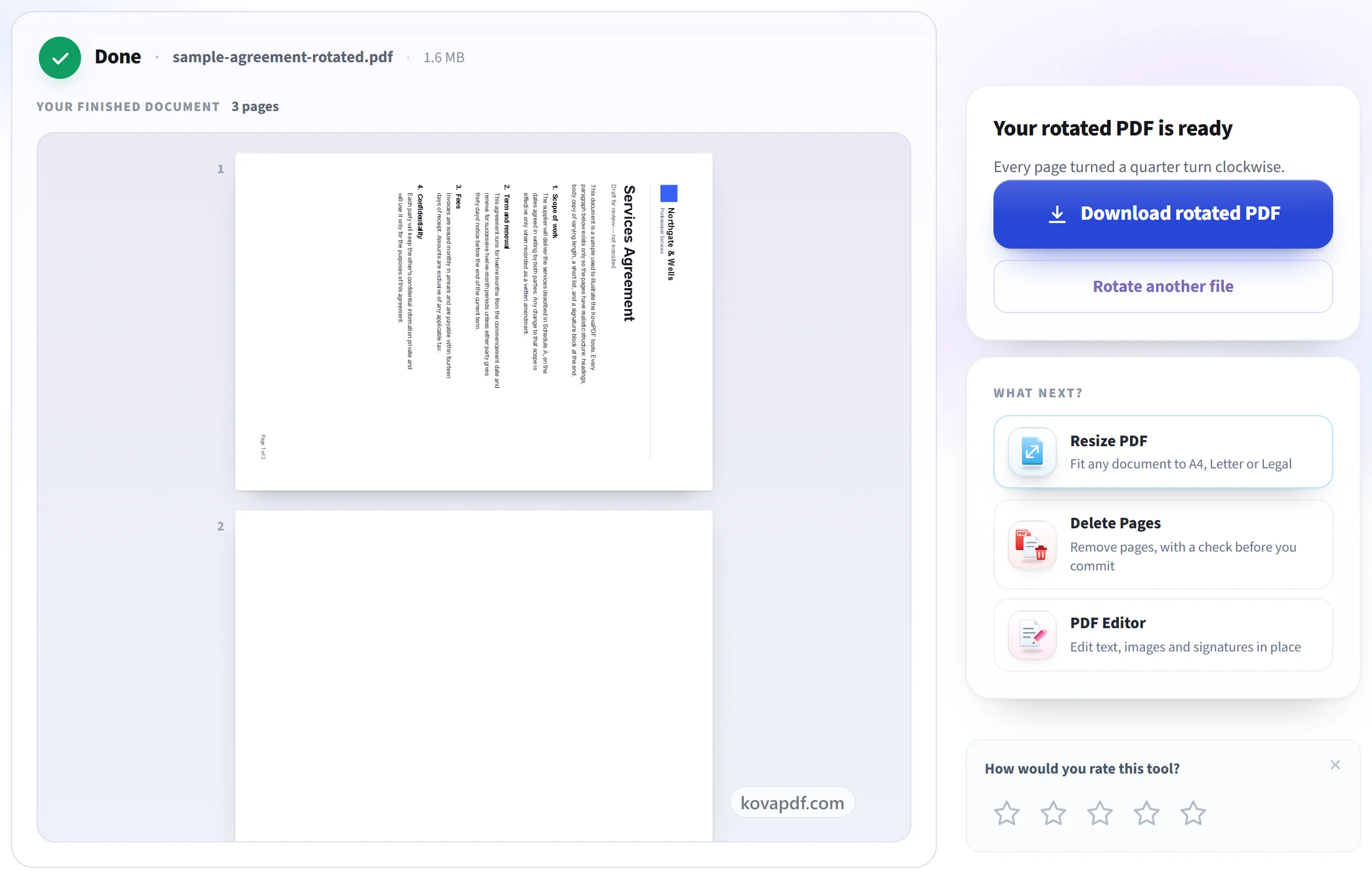The Rotate PDF screen with the rotated document ready to download
