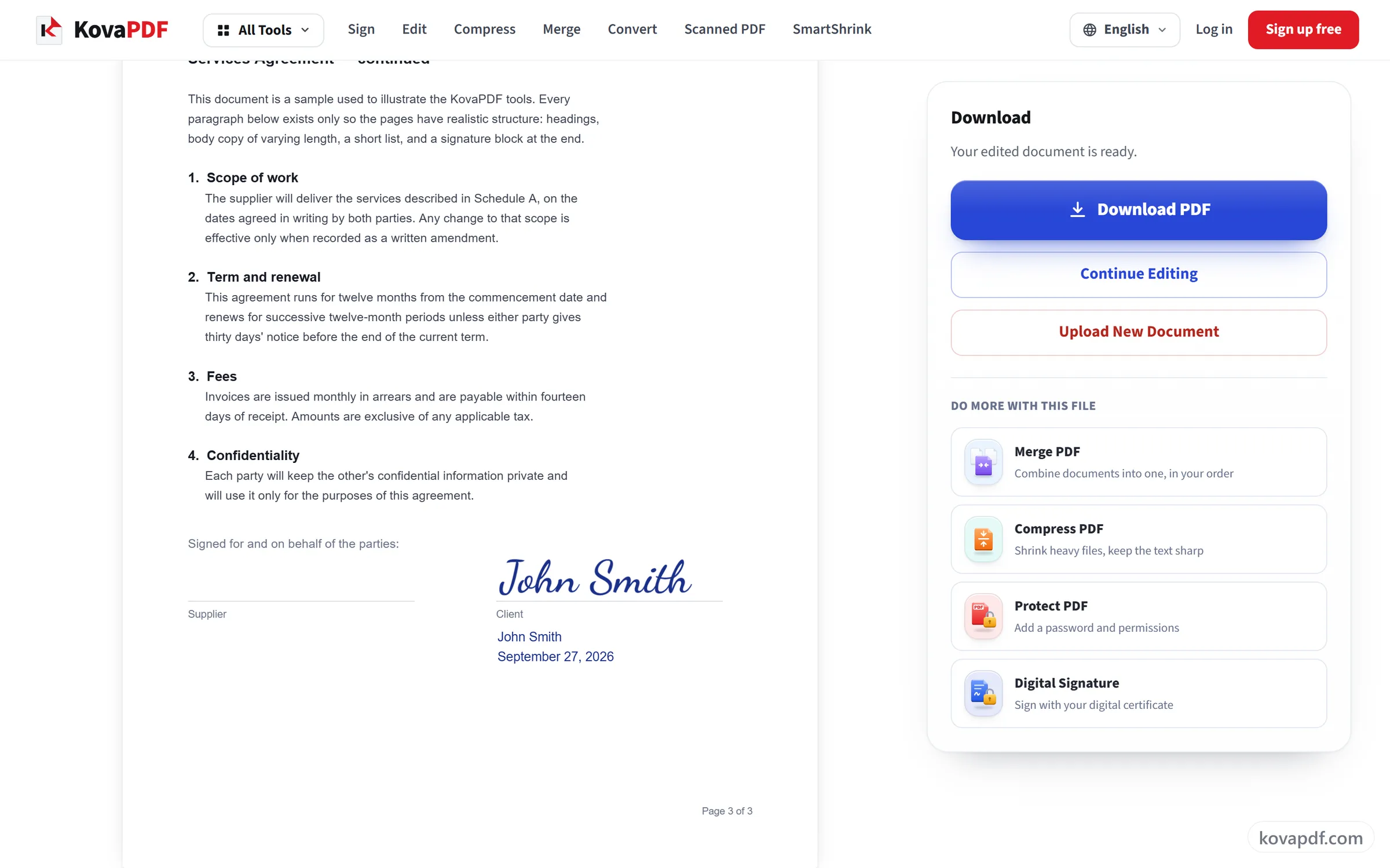 The saved, signed page with the Download PDF button beside it