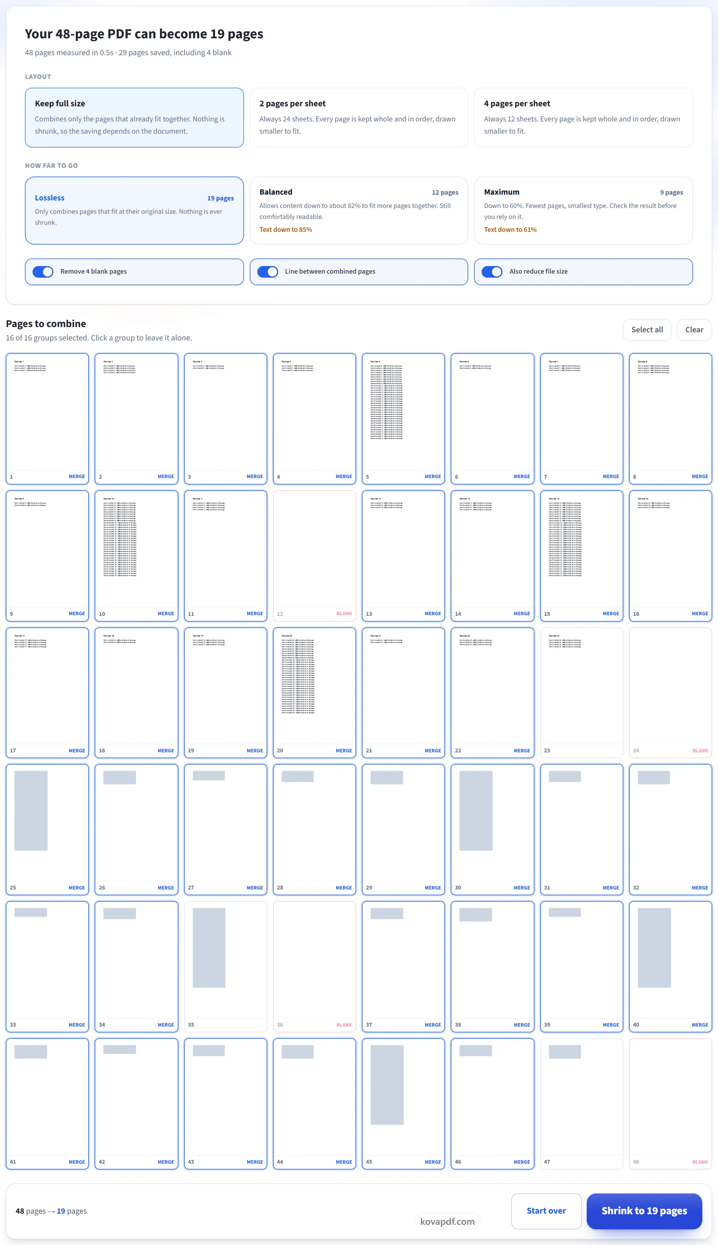 The SmartShrink review screen showing the level choices and the page grid