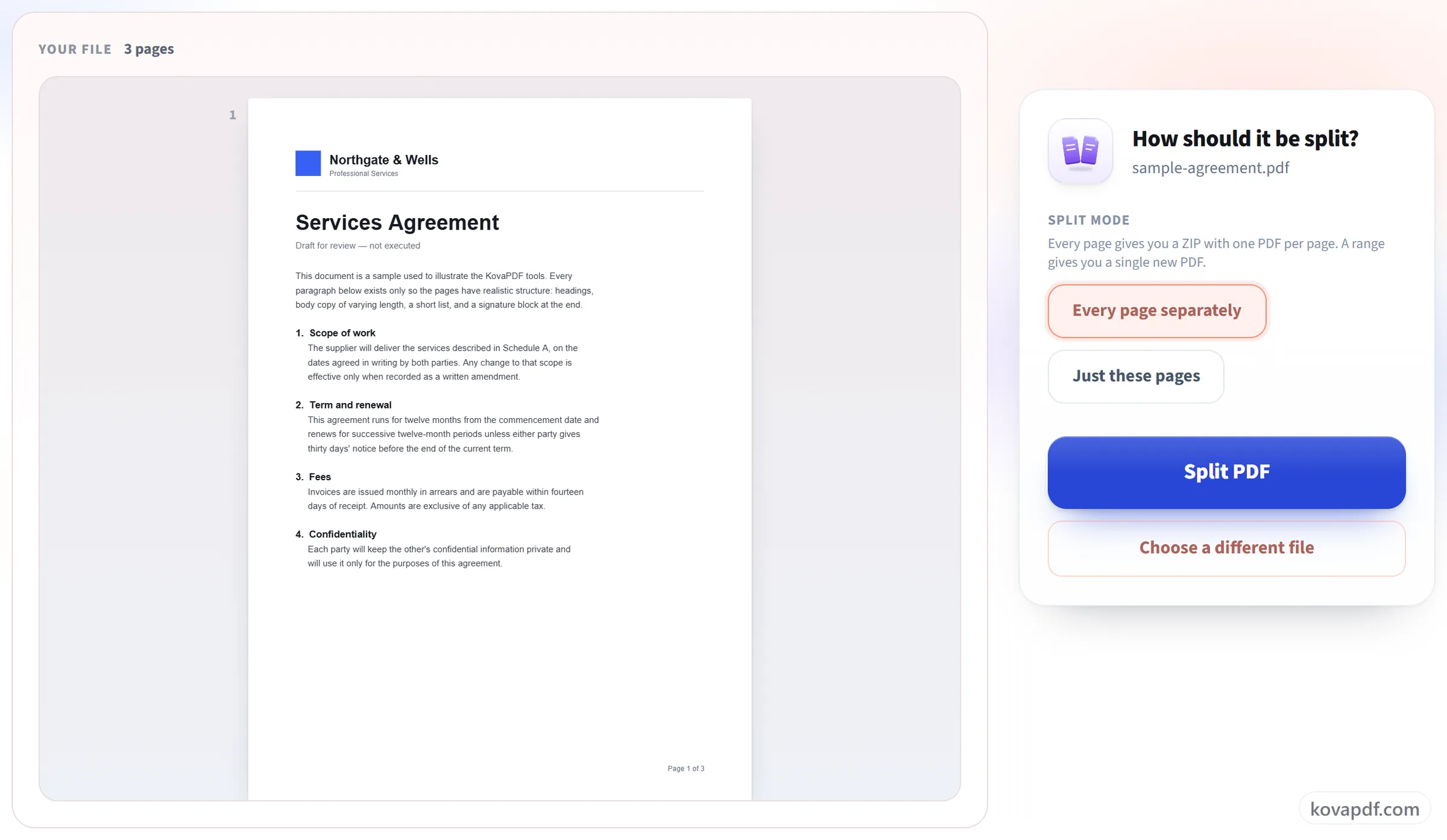 The Split PDF screen with the split mode and page-range options