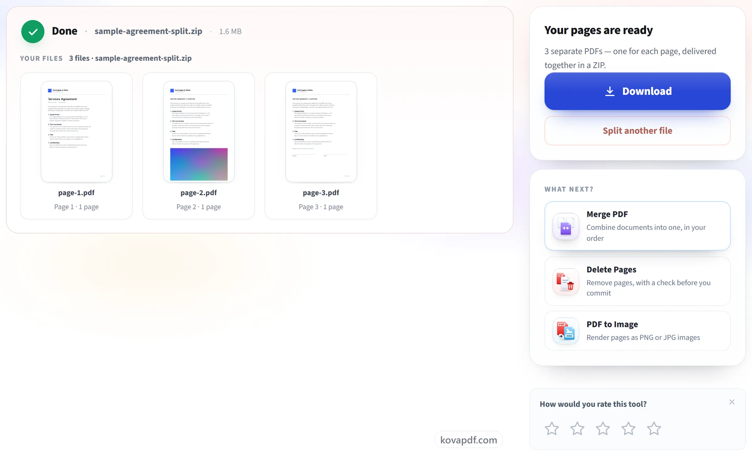 The Split PDF screen with the finished files ready to download