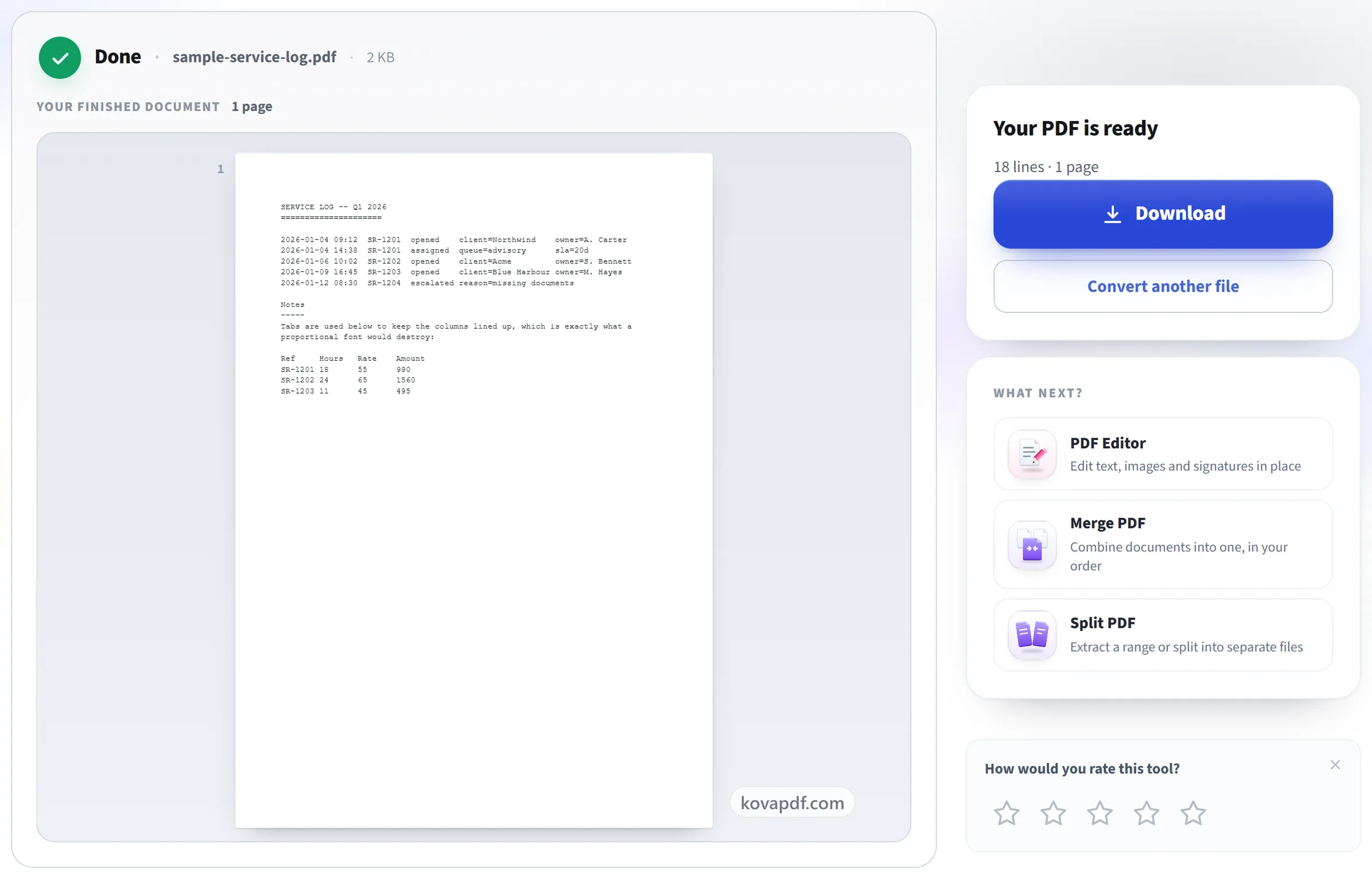 The TXT to PDF result screen with the finished PDF ready to download