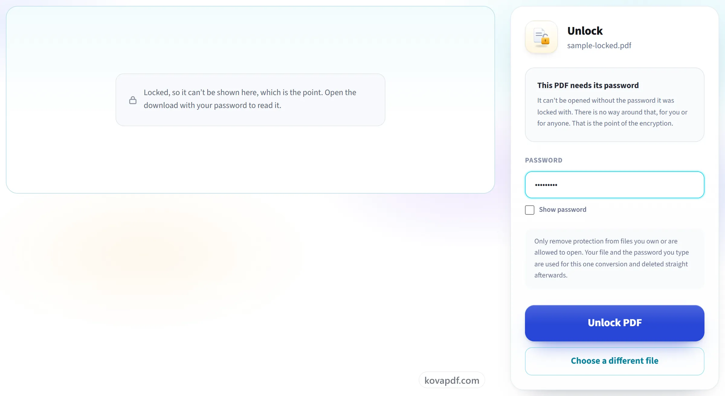 The Unlock PDF screen asking for the password of a locked document