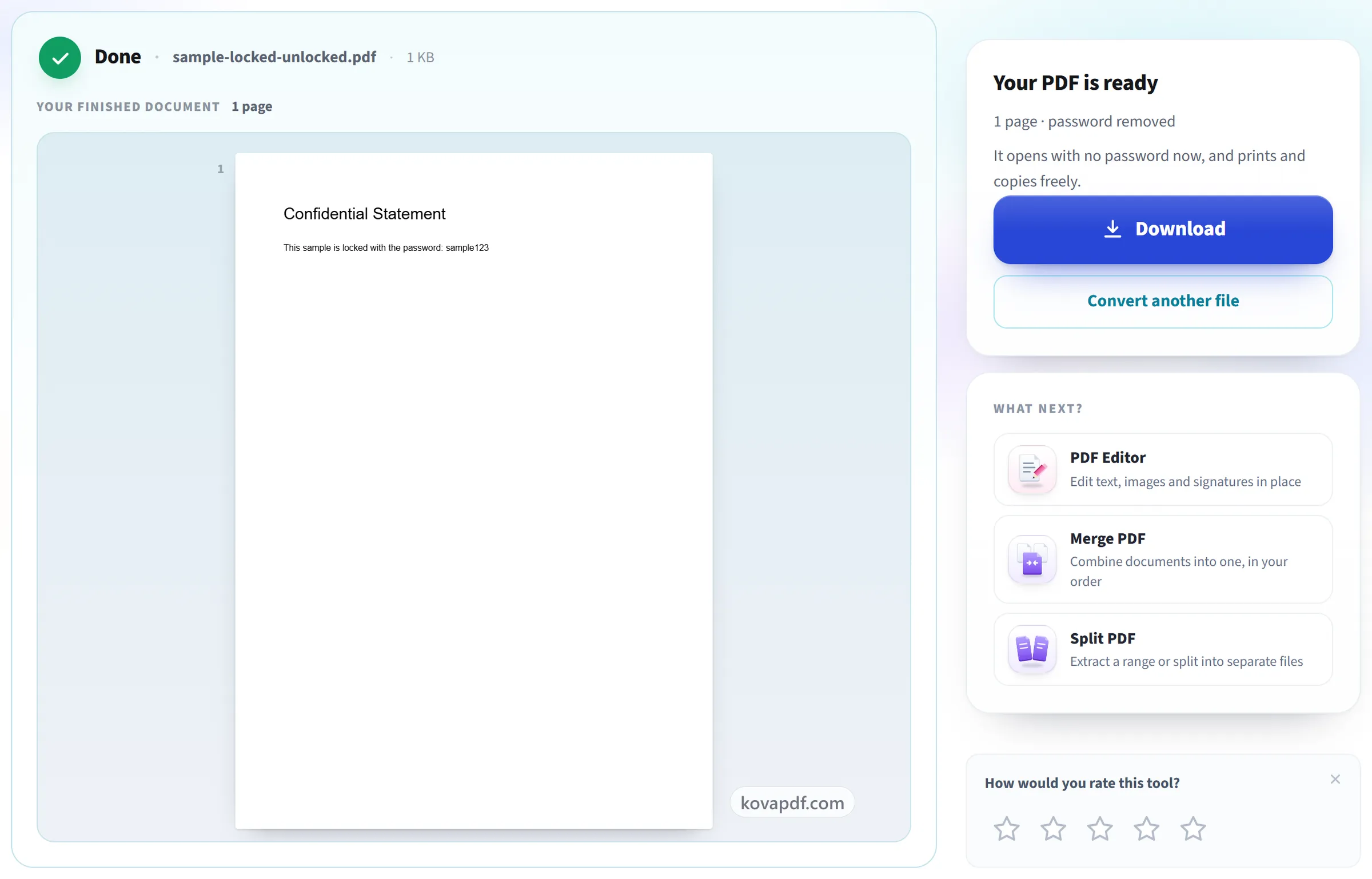 The Unlock PDF result screen with the unlocked PDF ready to download