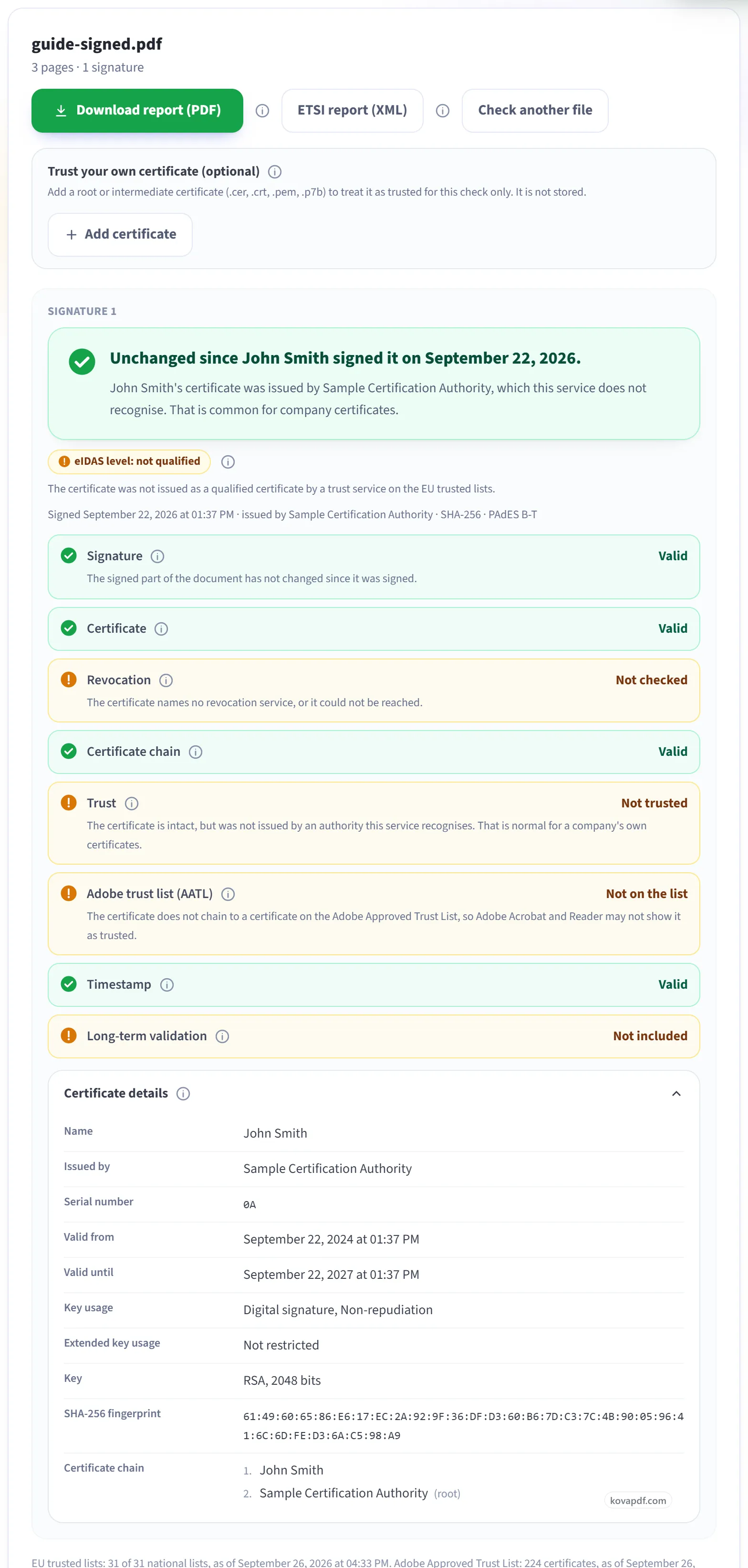 A green result saying the document is unchanged since John Smith signed it, with each check on its own line and the certificate details opened