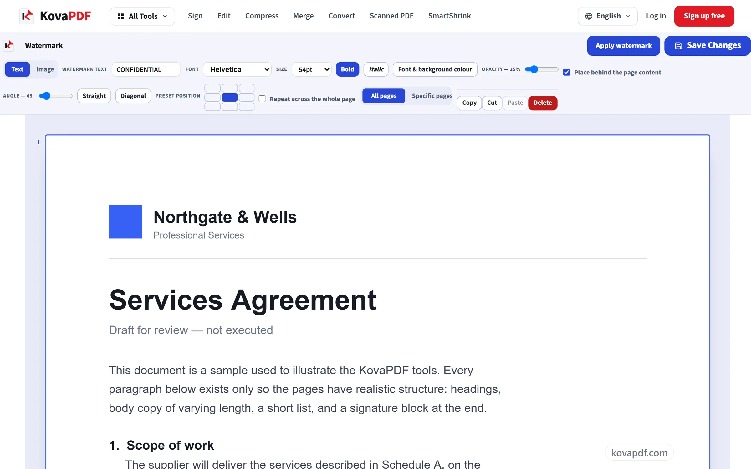 The watermark panel with text, opacity, rotation and page-range controls over an open document