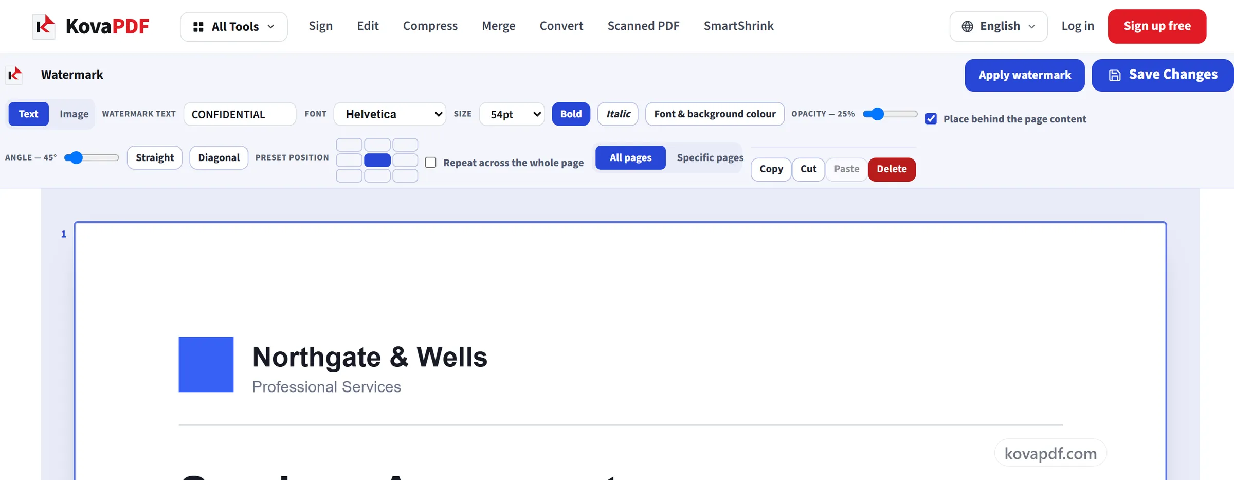 The watermark editor with the Save Changes button above the stamped document