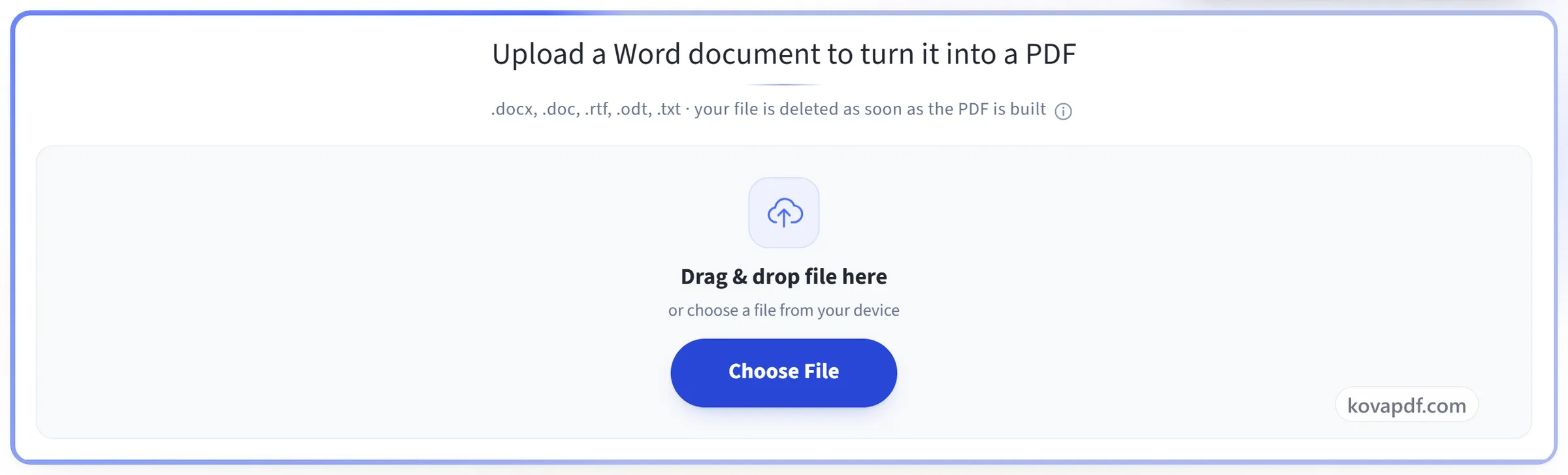 The Word to PDF upload panel