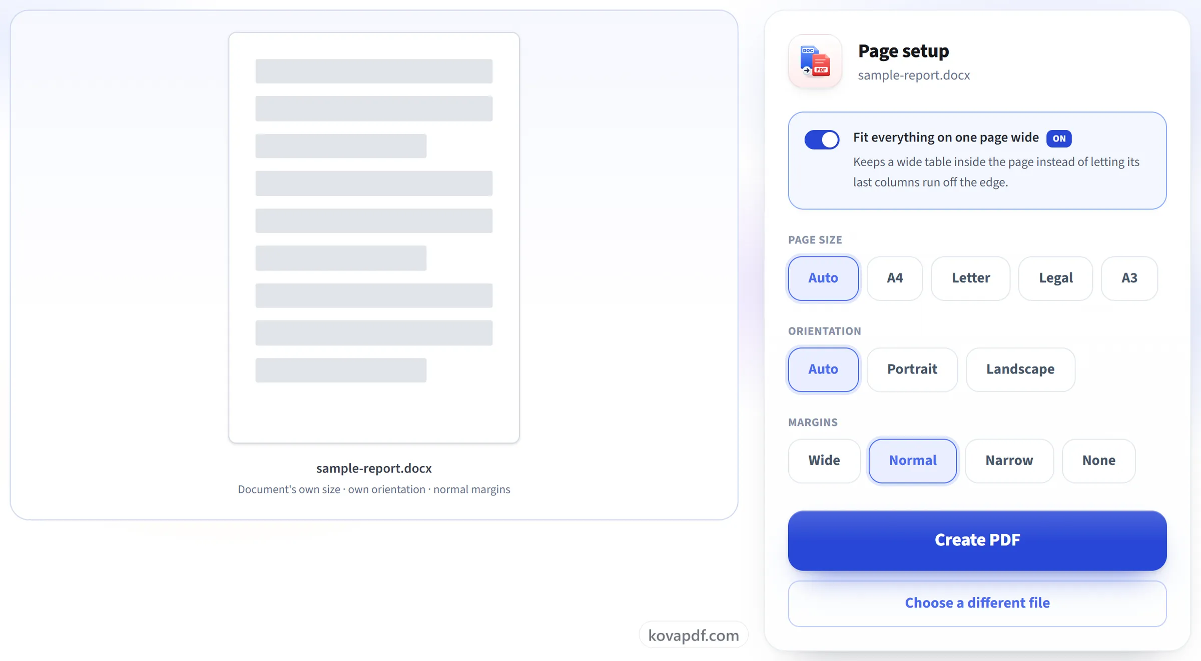 The Word to PDF page setup screen with its live paper preview