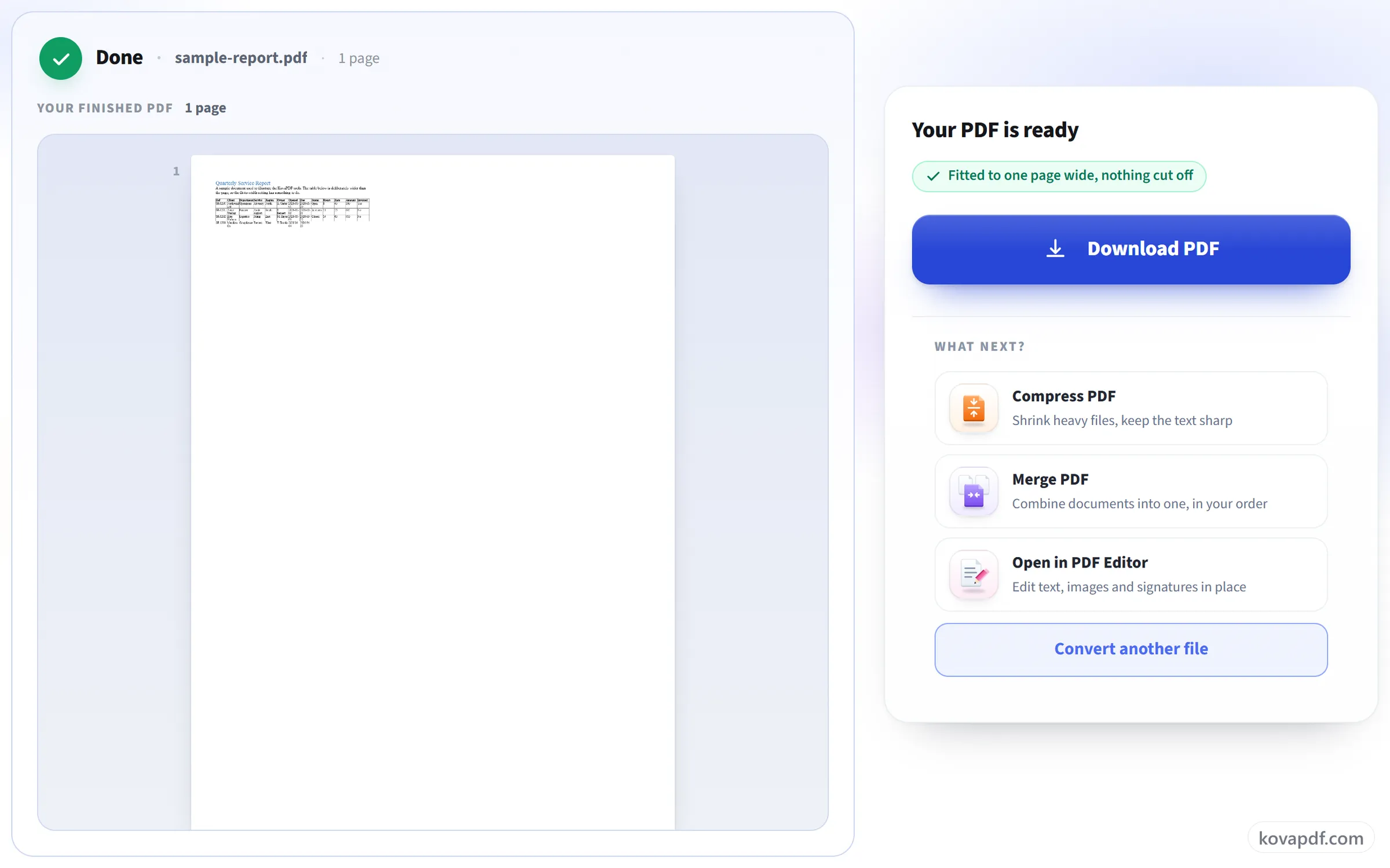 The Word to PDF result screen with the finished PDF ready to download