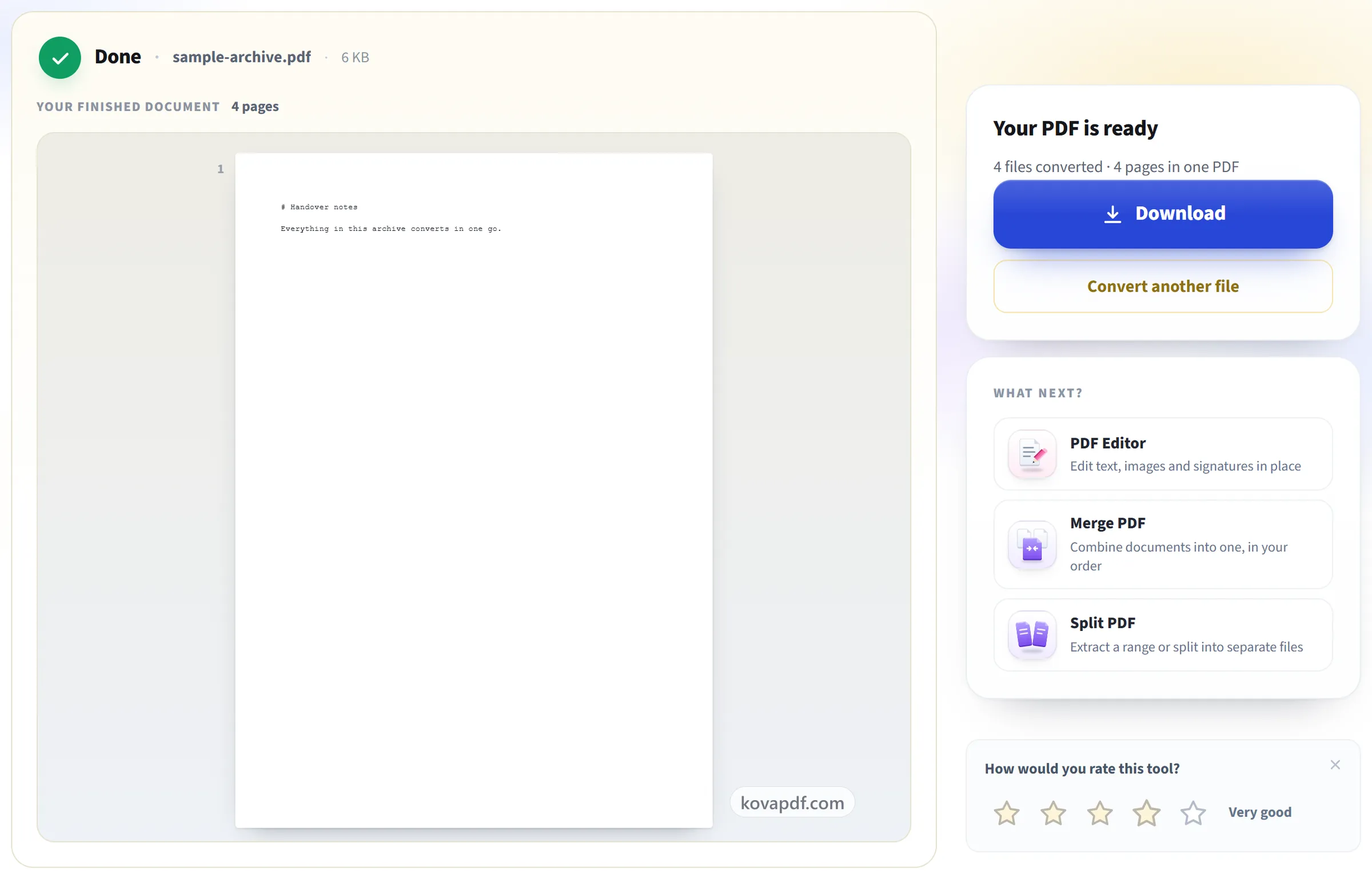 The ZIP to PDF result screen with the finished PDF ready to download
